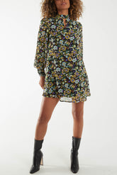 High Neck Keyhole Floral Swing Dress