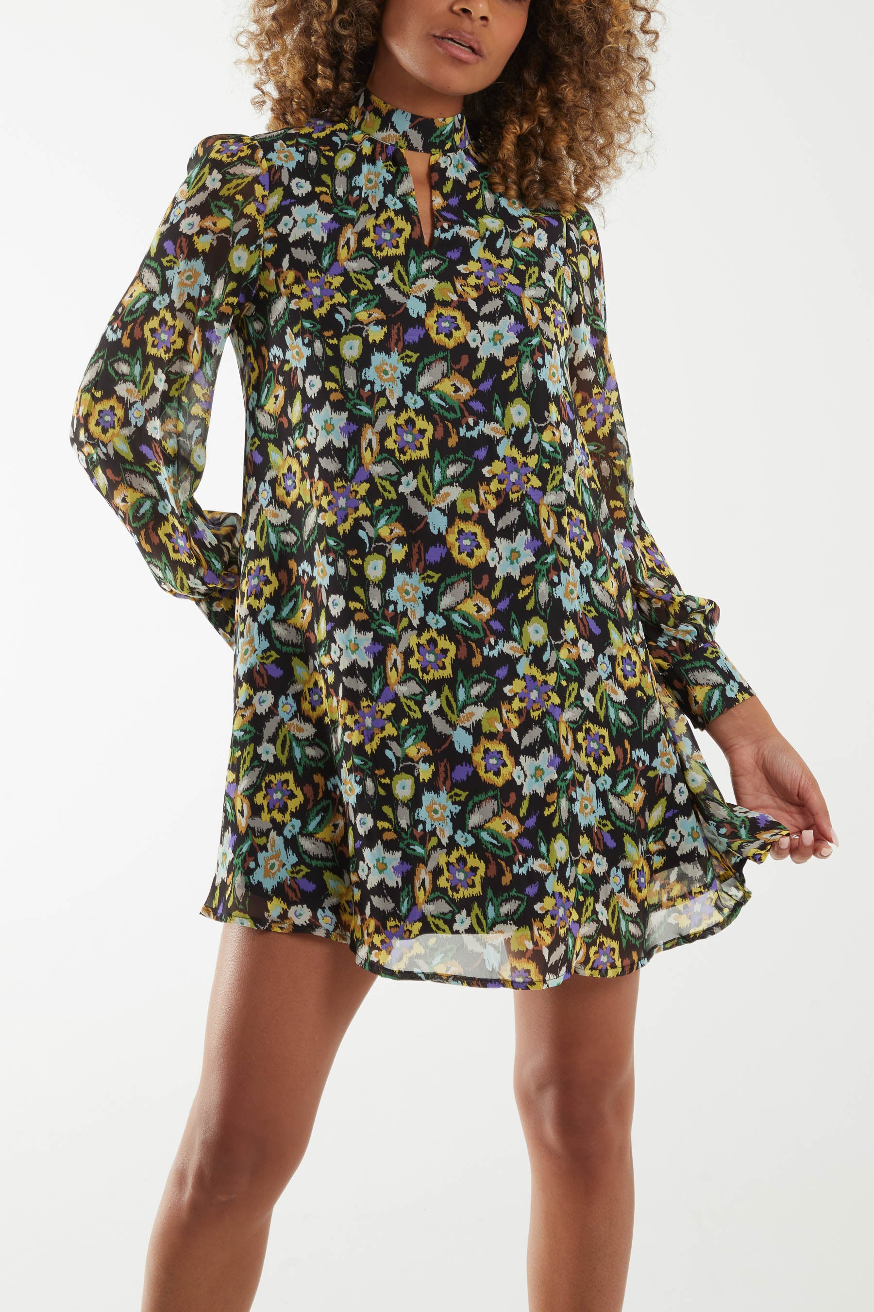 High Neck Keyhole Floral Swing Dress