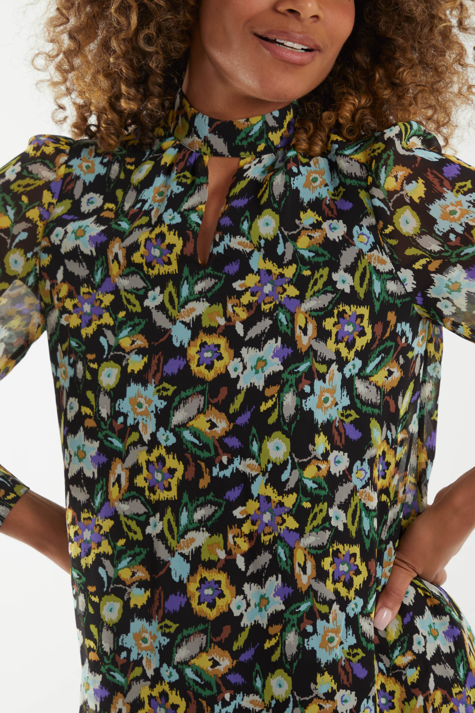 High Neck Keyhole Floral Swing Dress