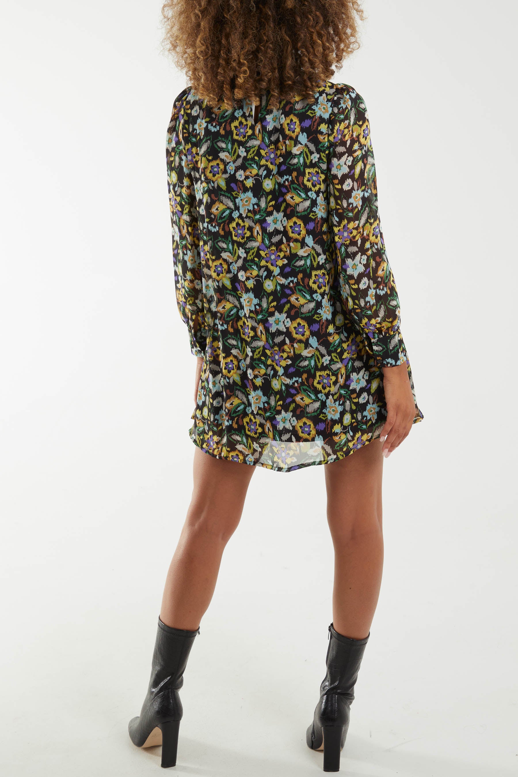 High Neck Keyhole Floral Swing Dress