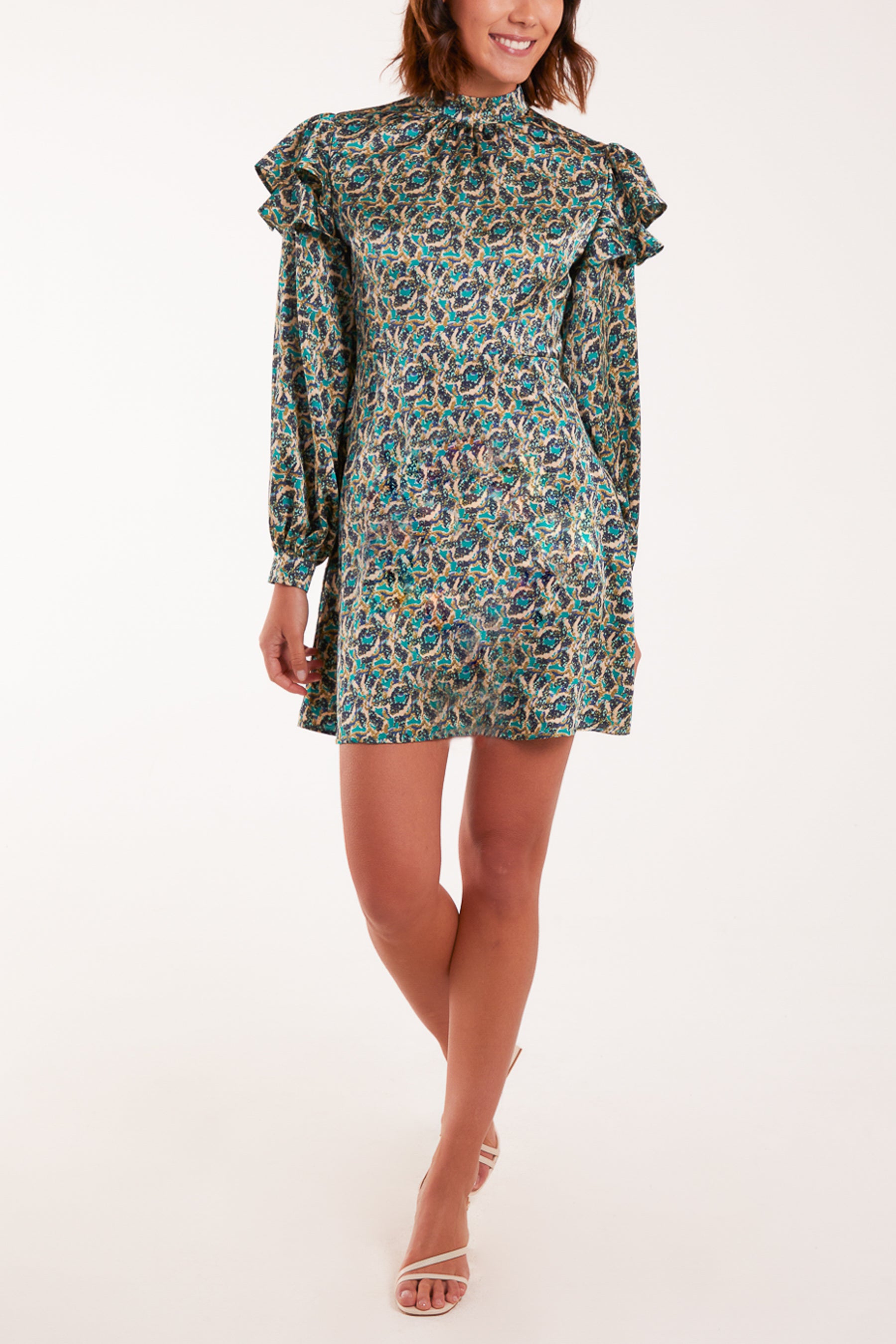 Satin Ruffle Sleeve High Neck Swing Mini Dress