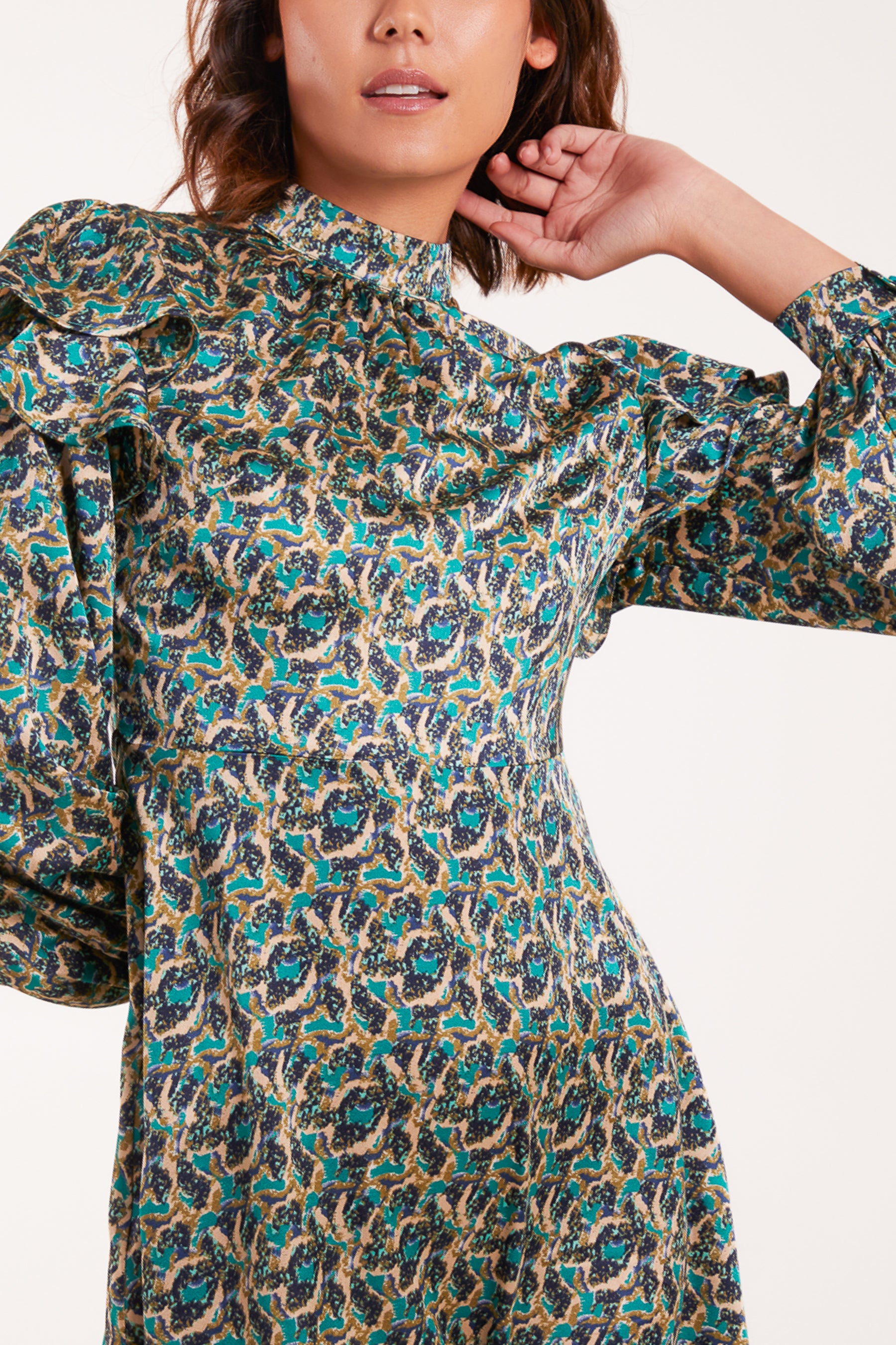 Satin Ruffle Sleeve High Neck Swing Mini Dress