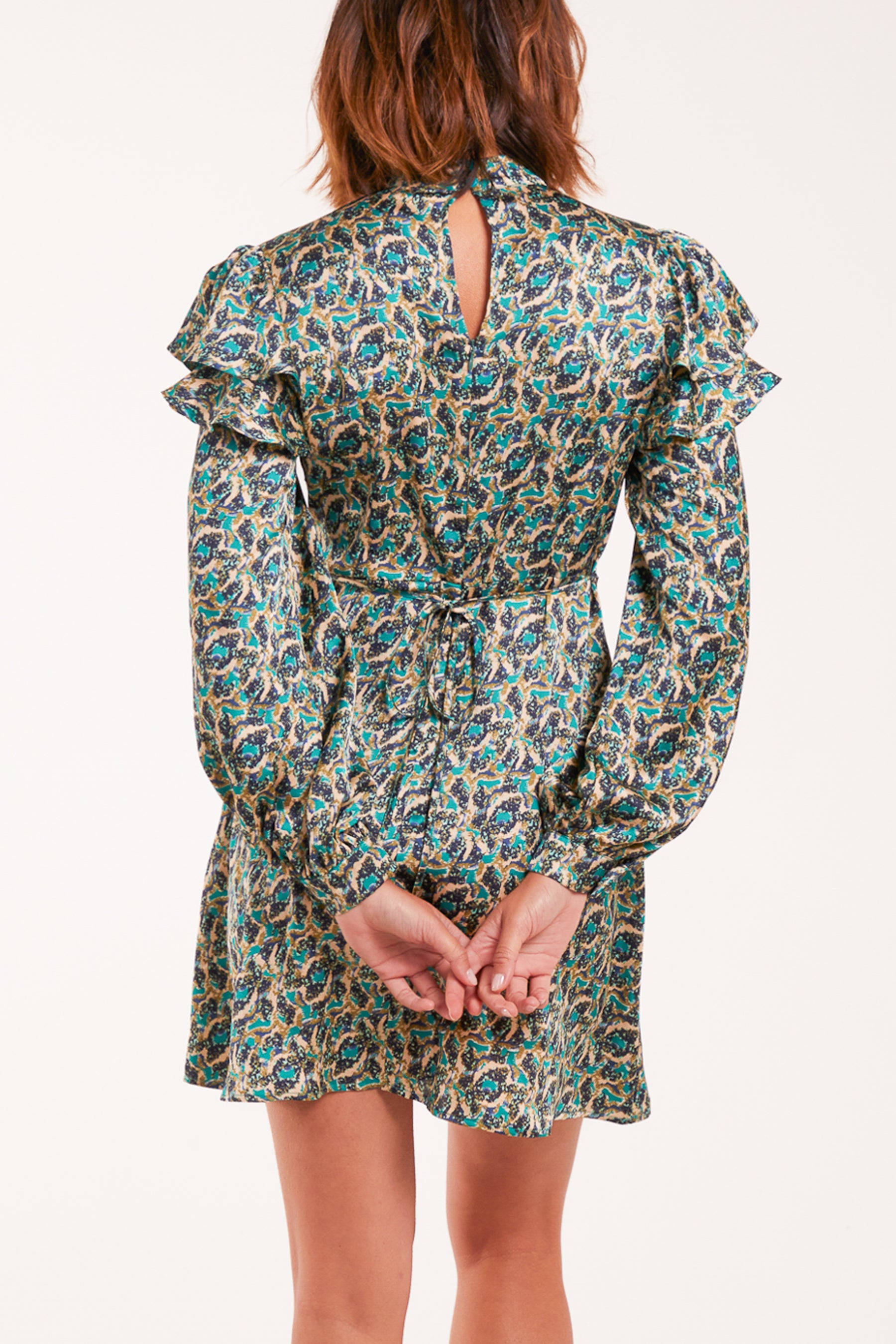 Satin Ruffle Sleeve High Neck Swing Mini Dress