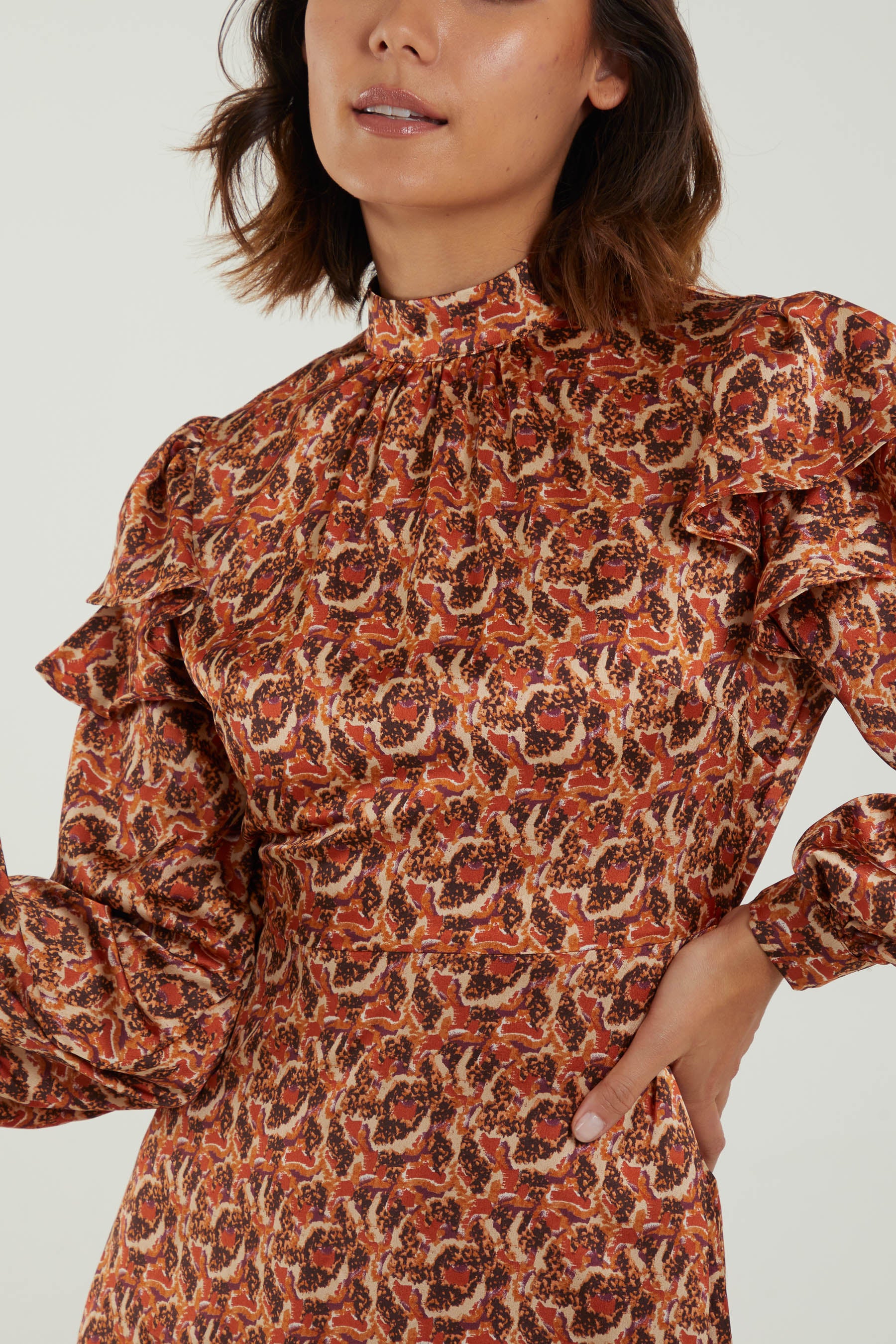 Satin Ruffle Sleeve High Neck Swing Mini Dress