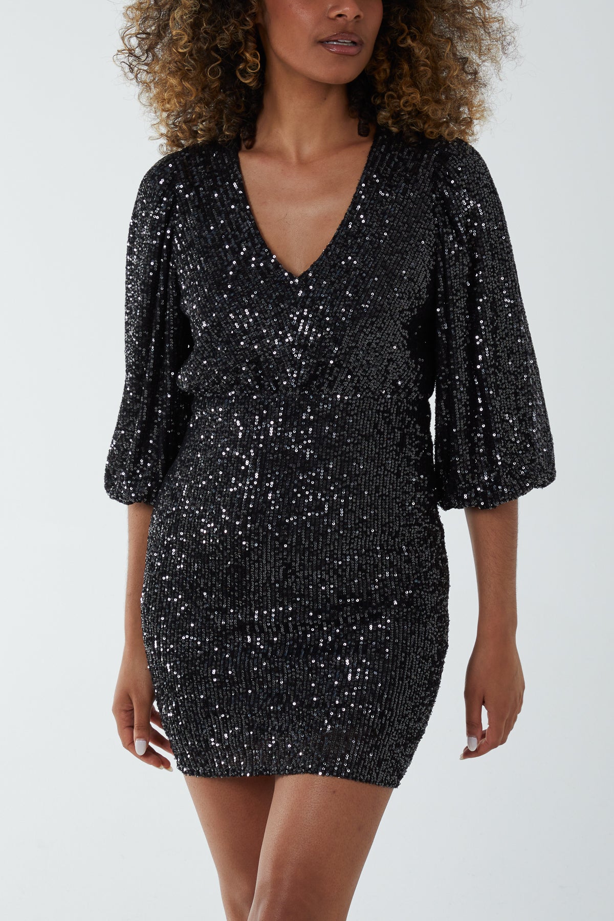 Sequin V-Neck Puff Ball Sleeve Mini Dress