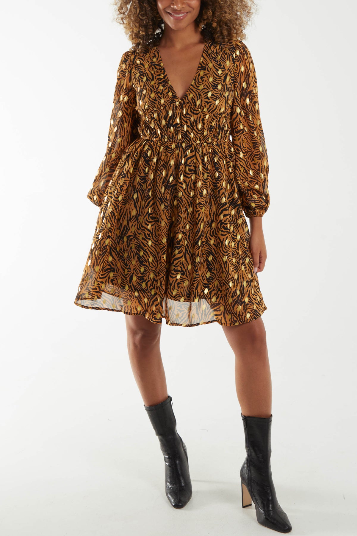 Metallic Animal Print Shirred Waist Mini Dress