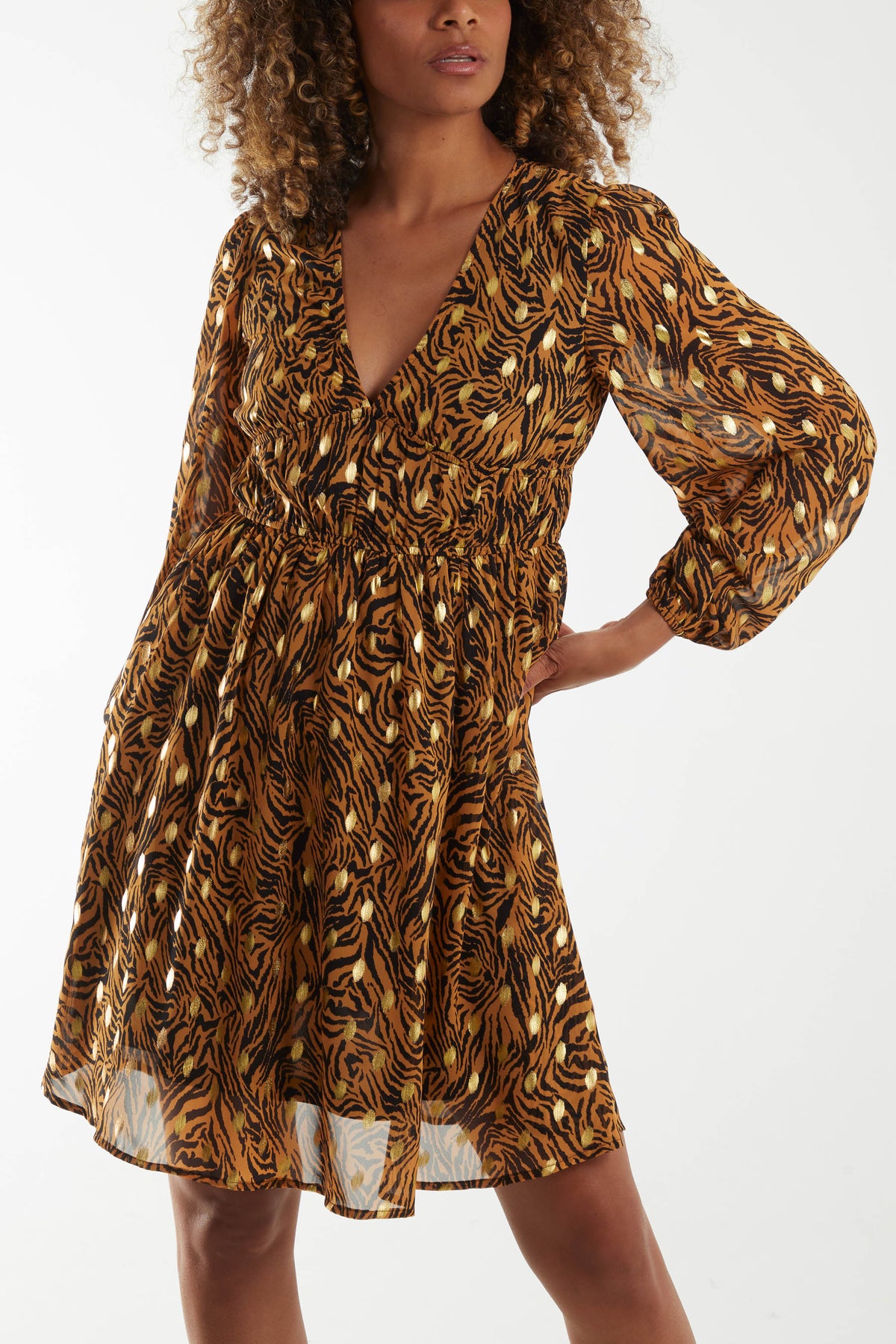 Metallic Animal Print Shirred Waist Mini Dress