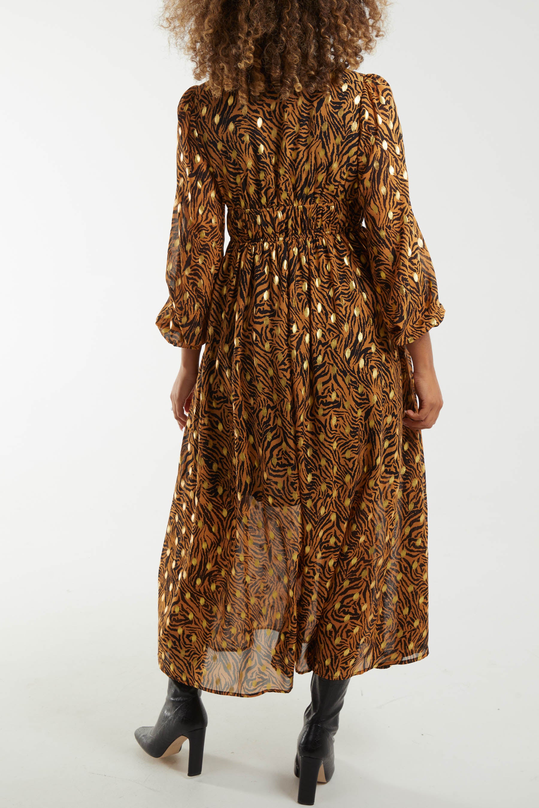 Metallic Animal Print Shirred Waist Maxi Dress