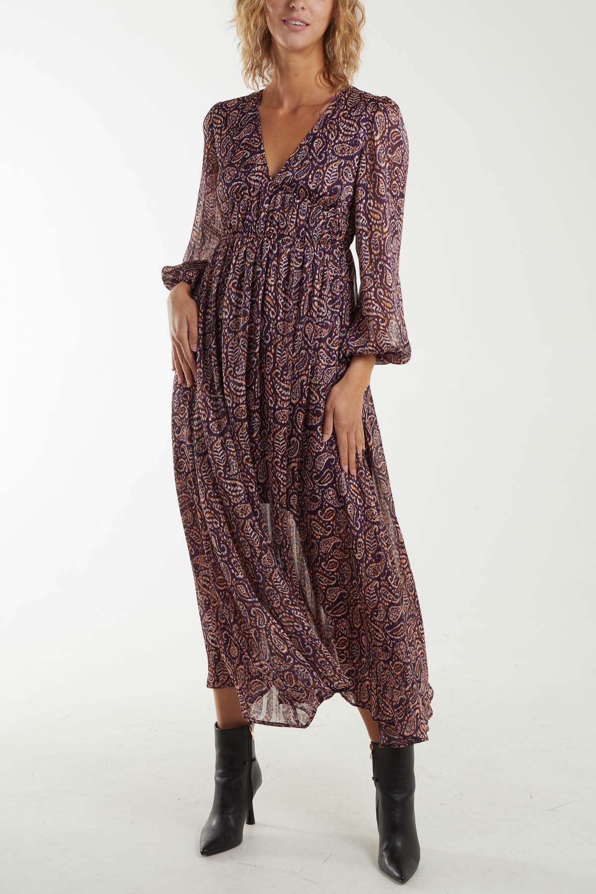 Paisley Print Shirred Waist Maxi Dress