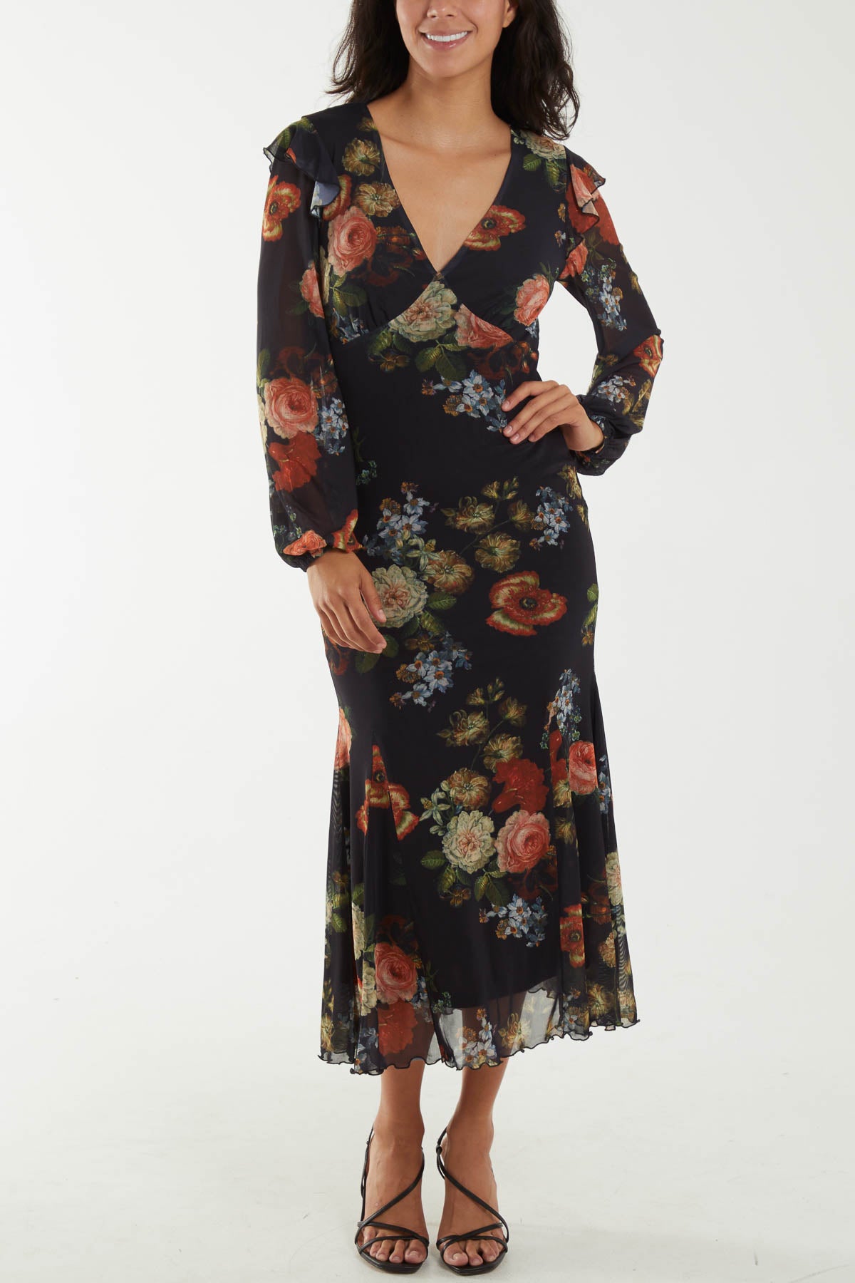 Floral Godet Hem Frill Midi Dress