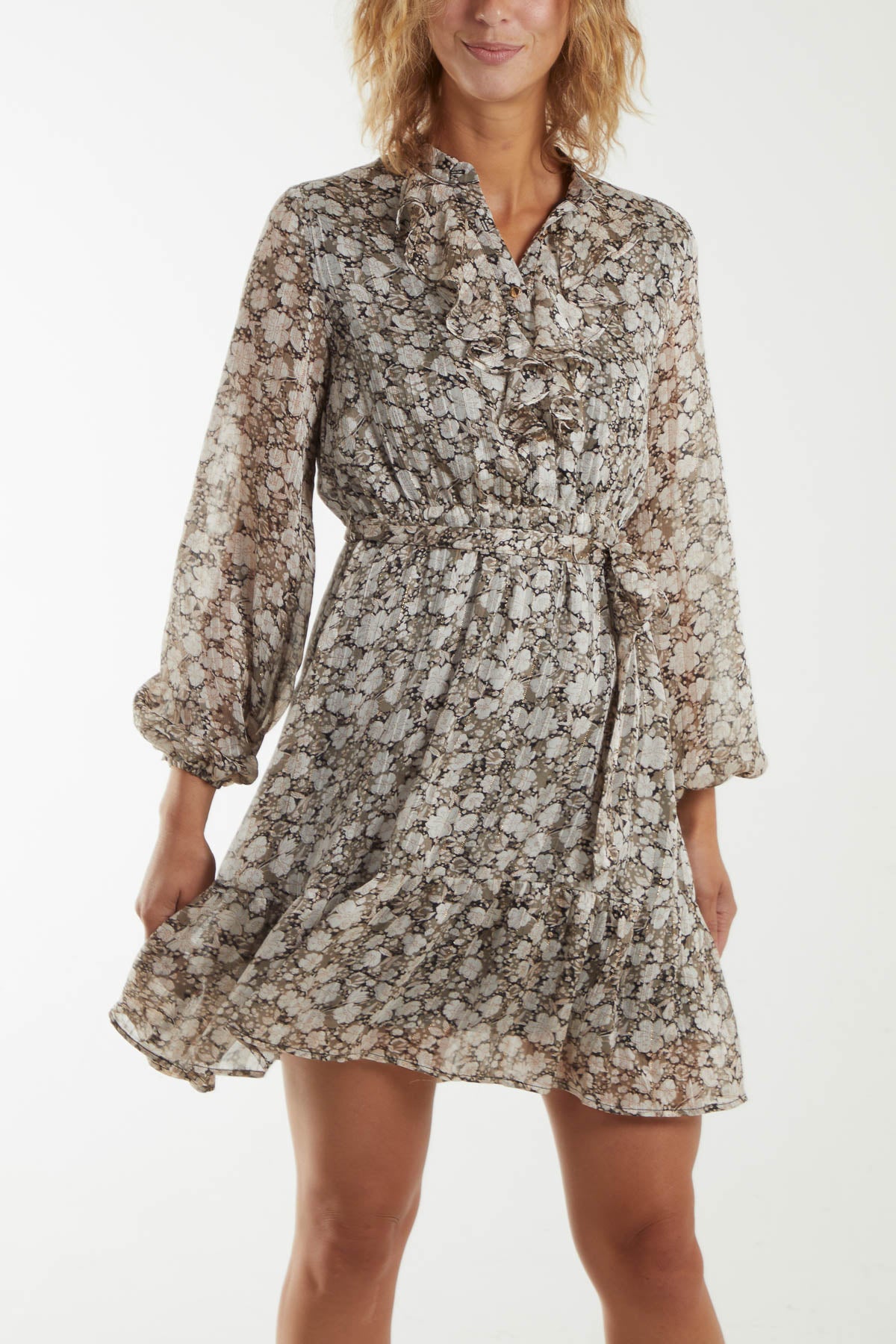 Ruffle Front Belted Floral Mini Dress