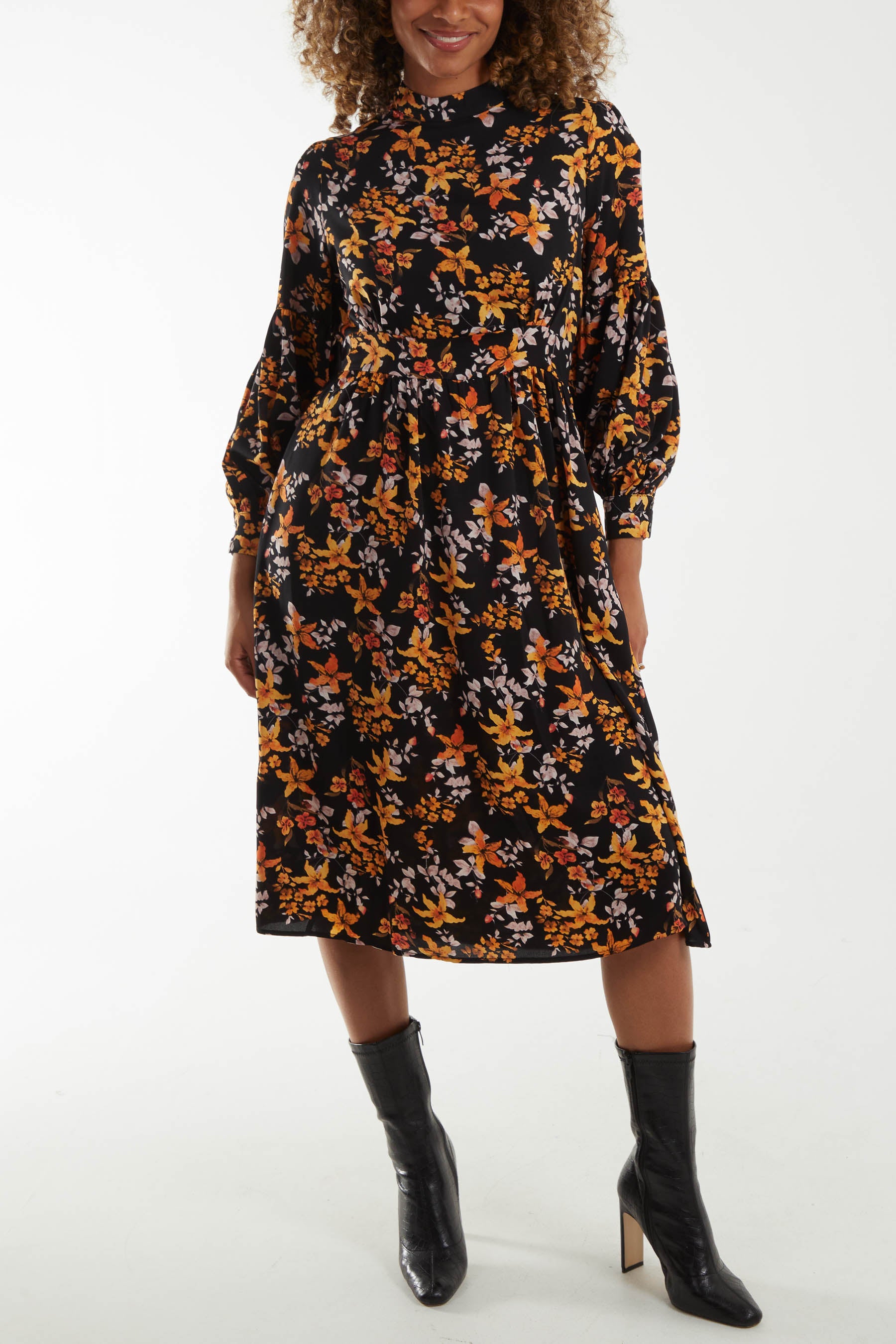 Autumnal Floral High Neck Midi Dress