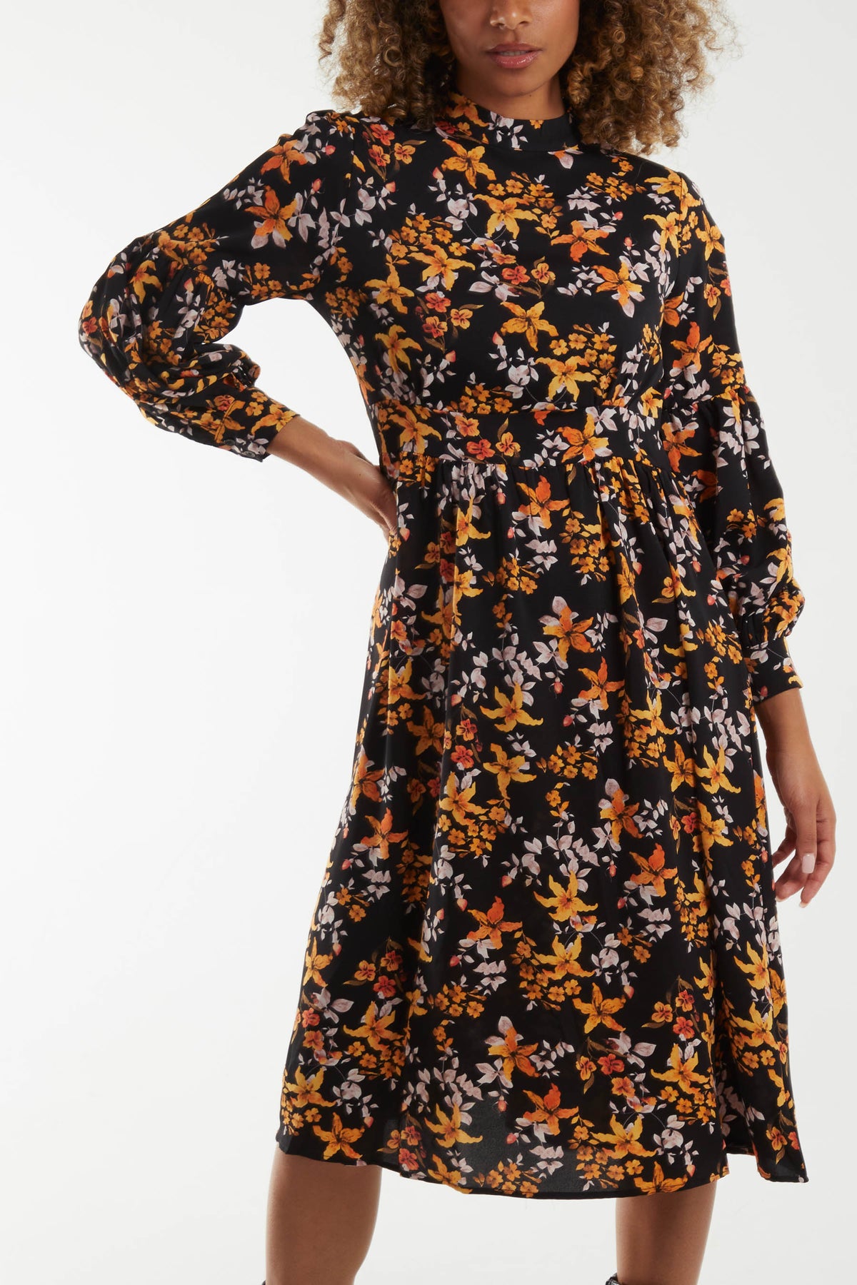 Autumnal Floral High Neck Midi Dress