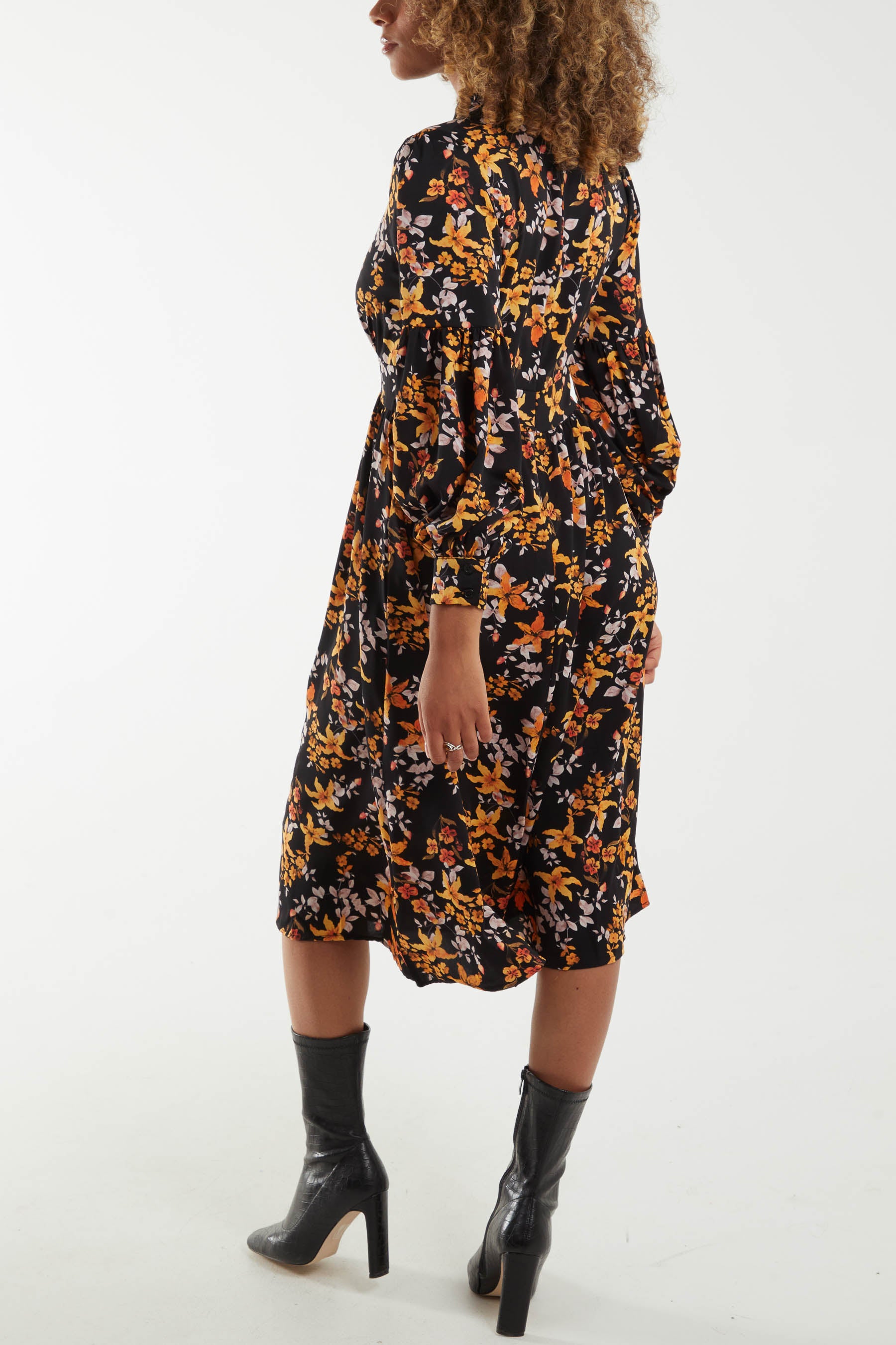Autumnal Floral High Neck Midi Dress