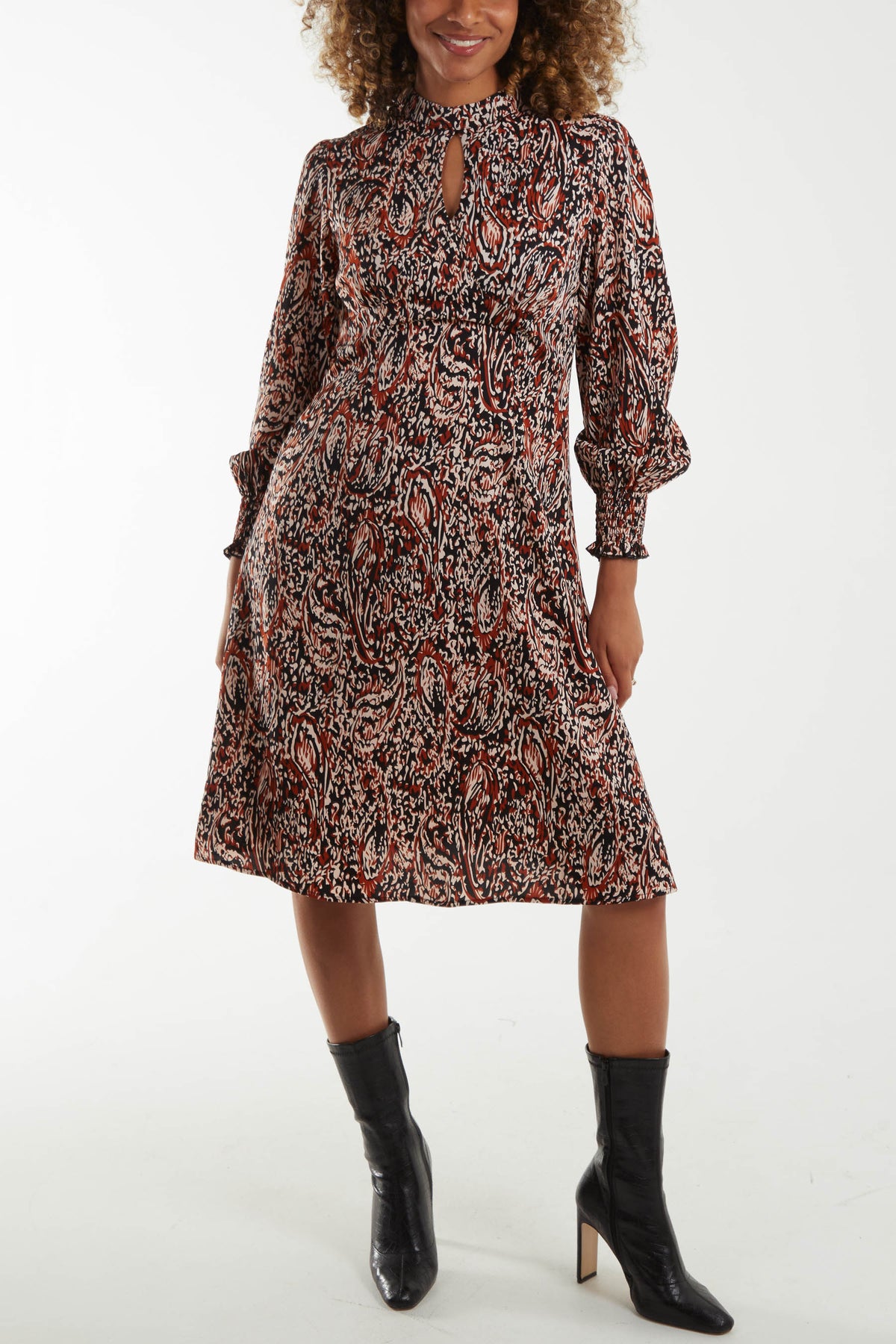 Abstract Paisley High Neck Keyhole Midi Dress
