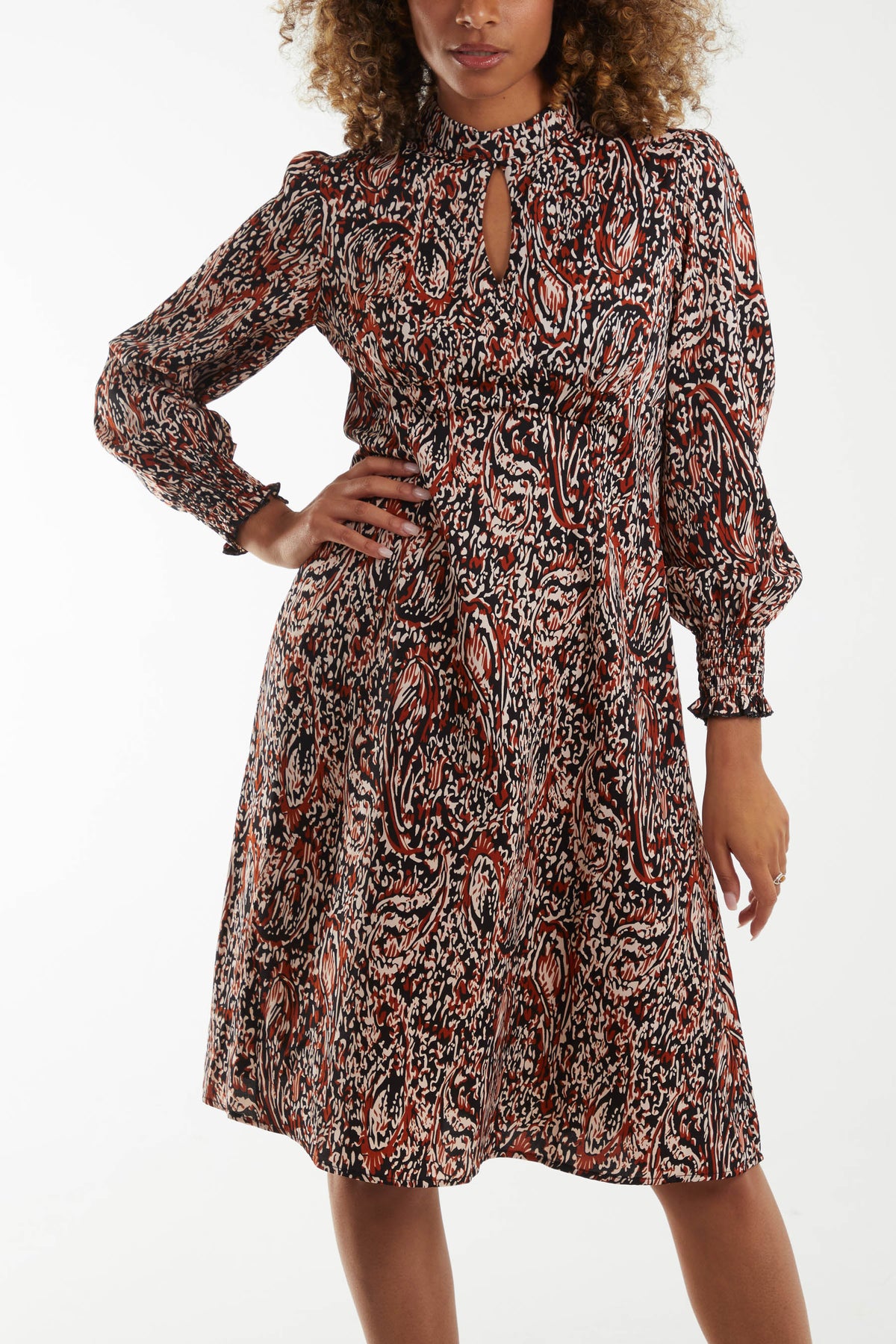 Abstract Paisley High Neck Keyhole Midi Dress
