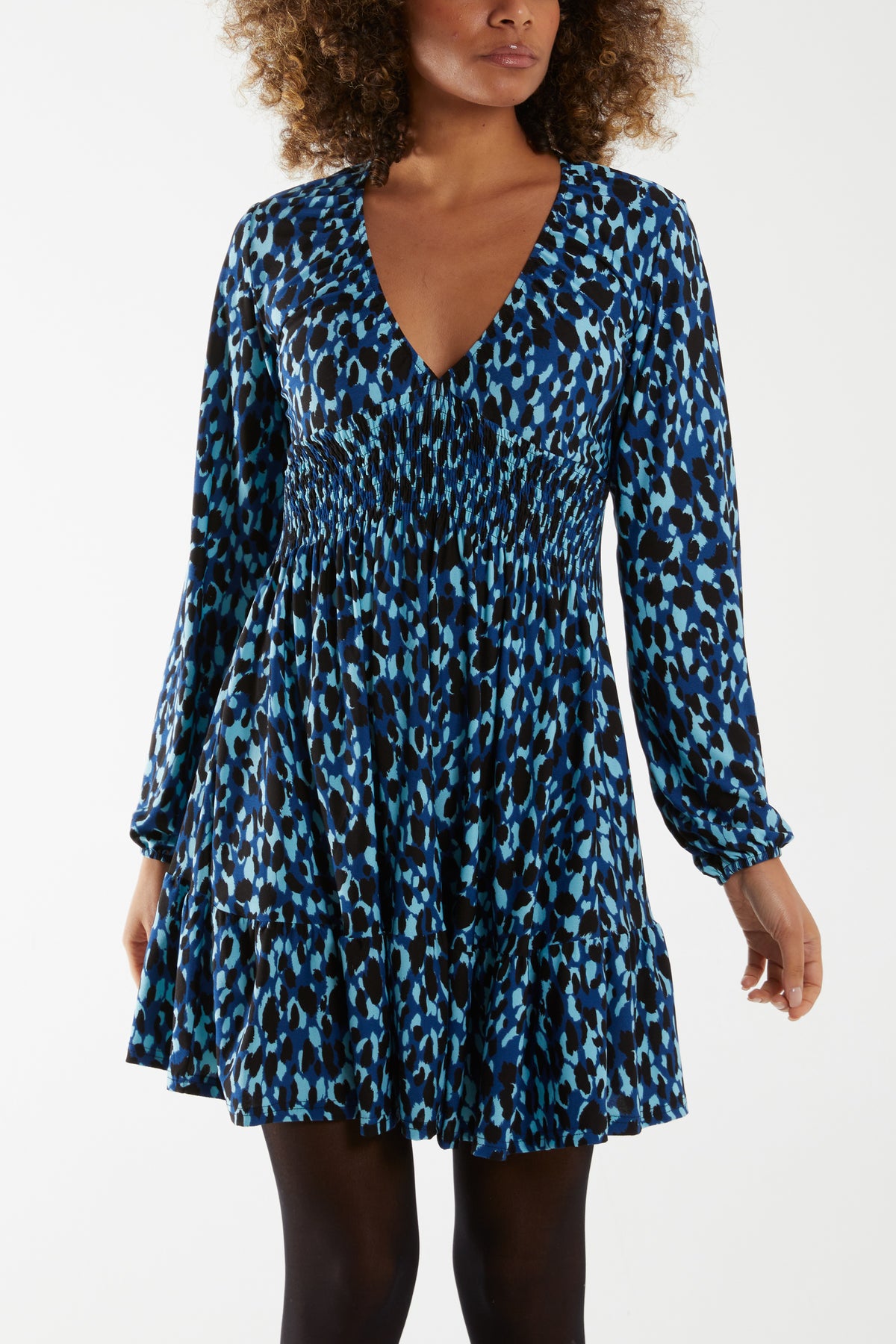 Abstract Animal Shirring Tier Mini Stretch Dress