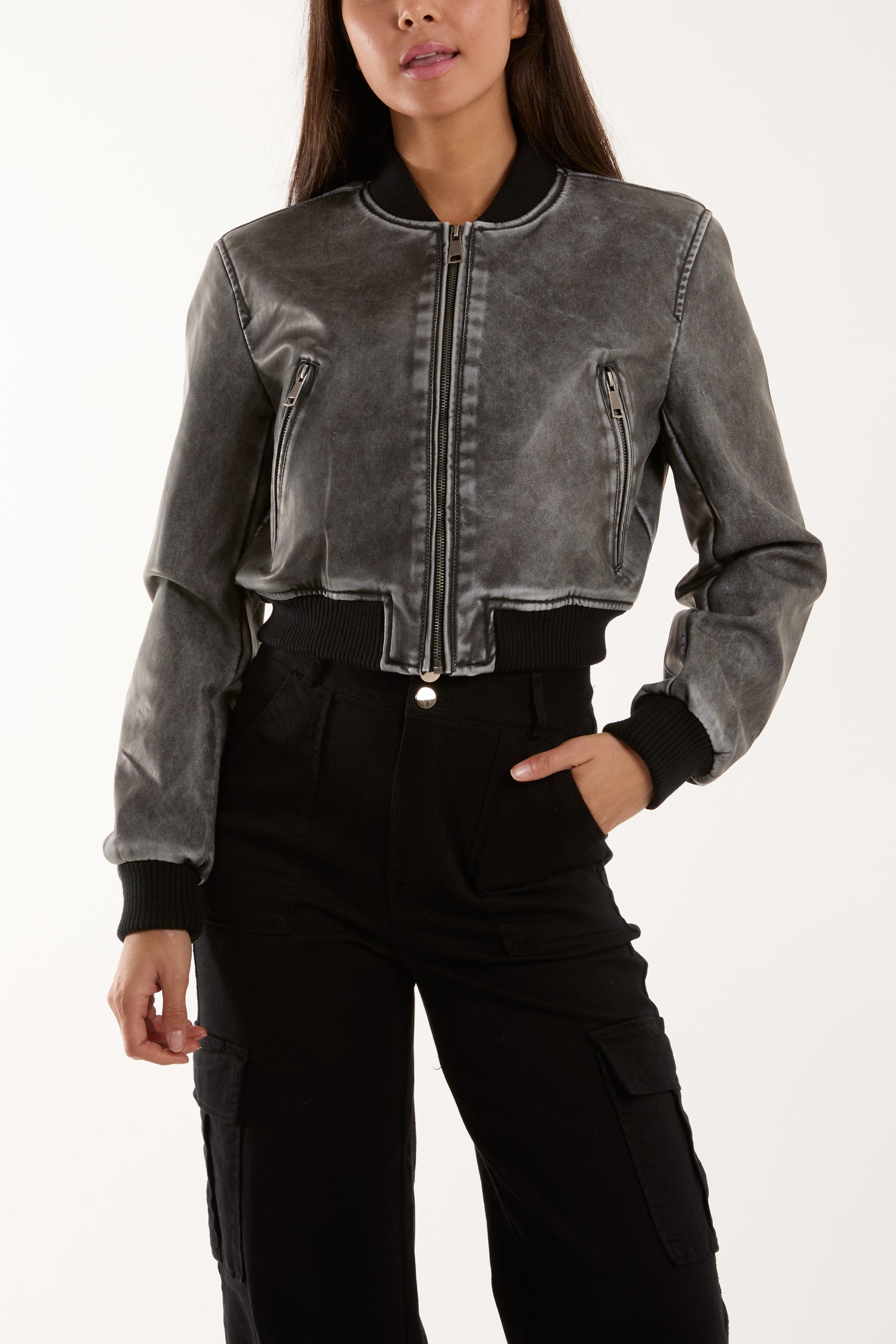 Black bomber jacket cropped best sale