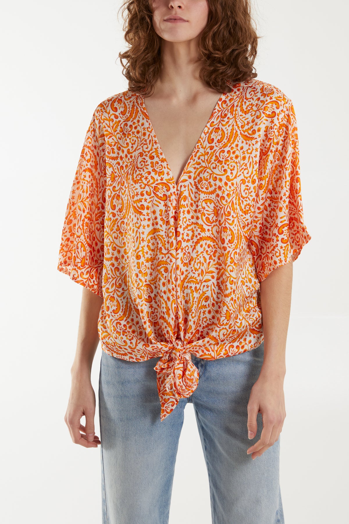 Paisley Print Tie Front V-Neck Top
