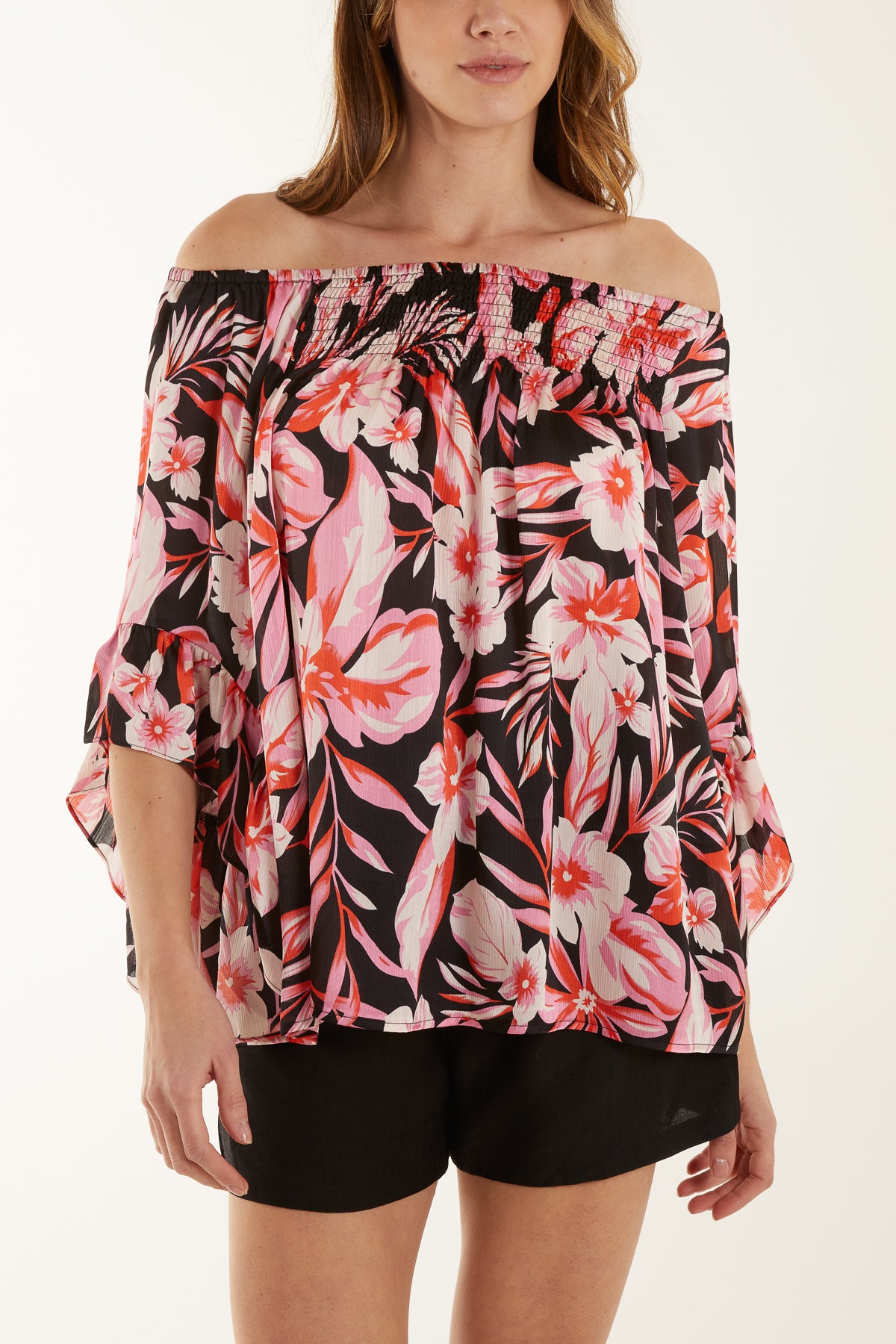 Shirred Bardot Printed Top