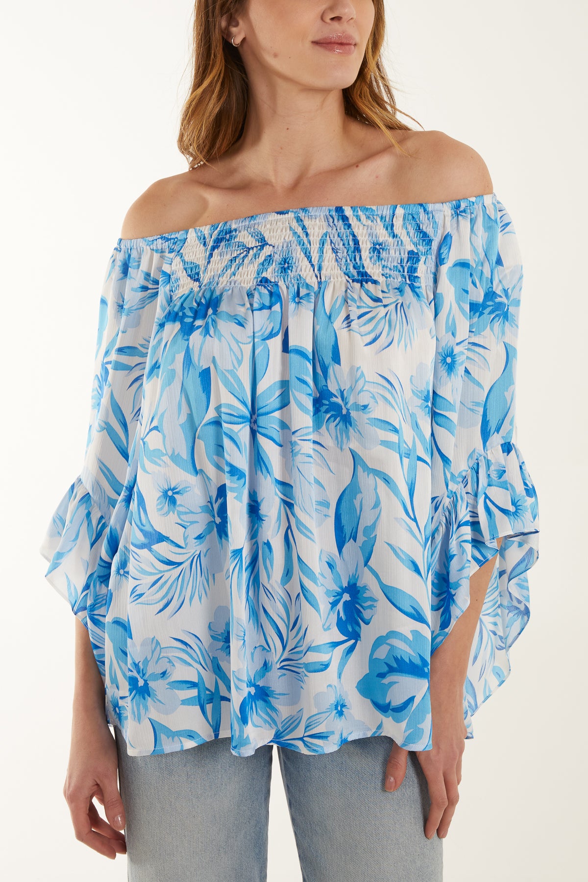 Shirred Bardot Printed Top