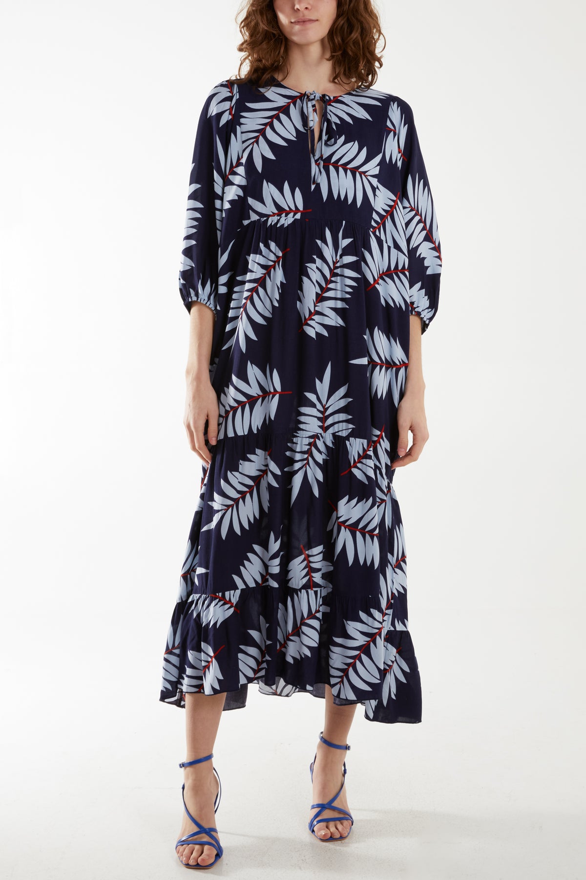 Leaf Print Tie Front Smock Maxi Dress
