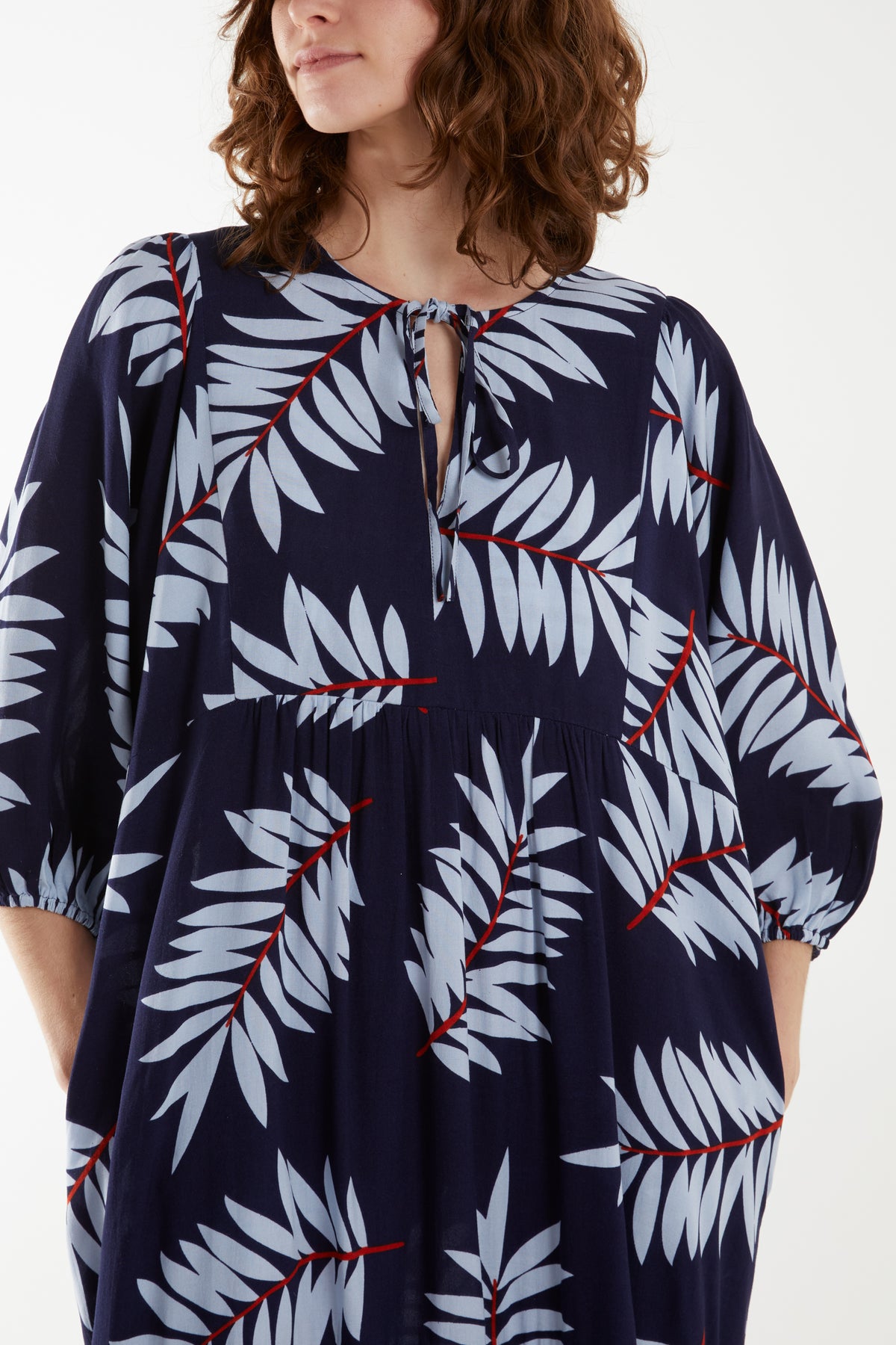 Leaf Print Tie Front Smock Maxi Dress