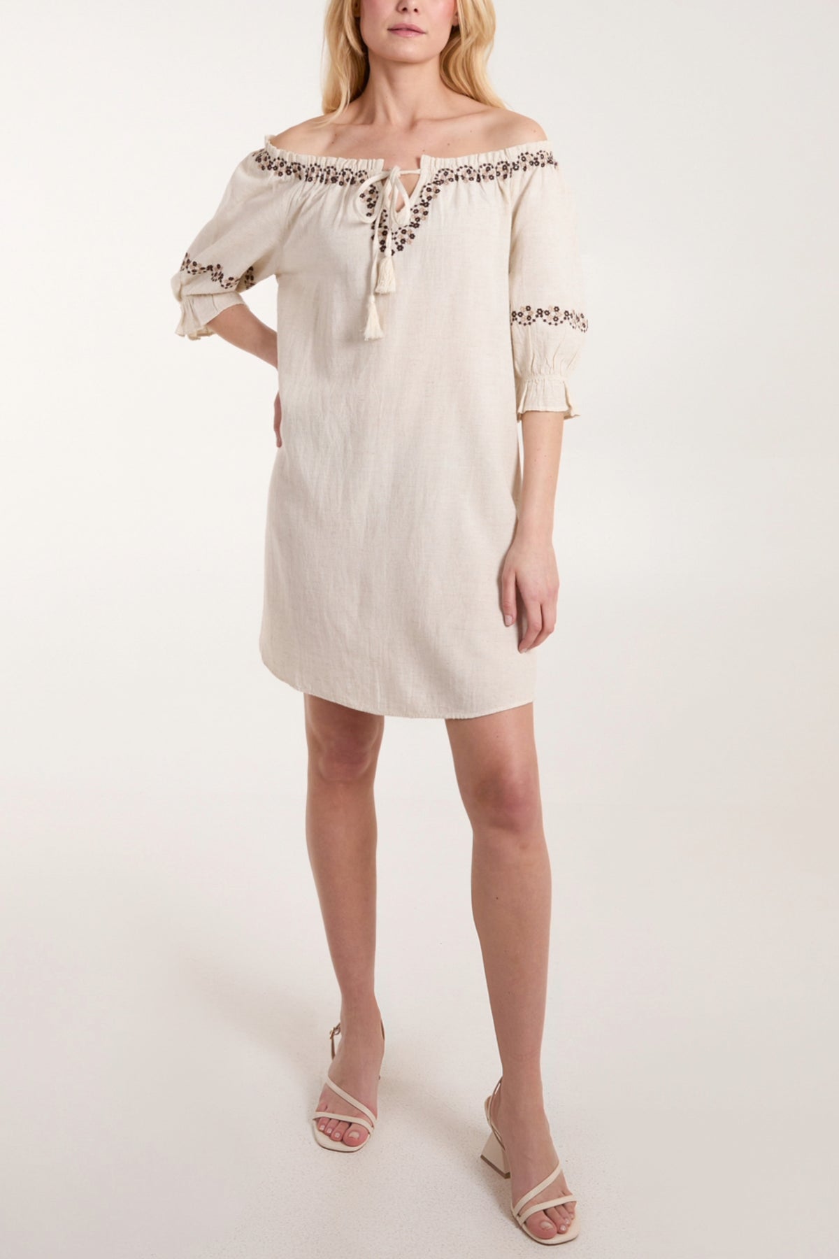 Embroidered Bardot Tassel Tunic Mini Dress