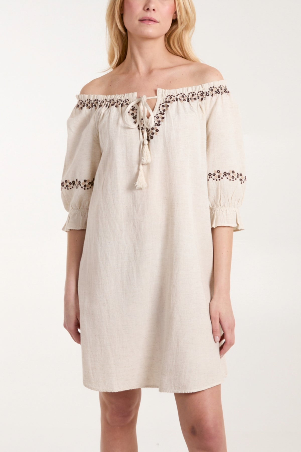 Embroidered Bardot Tassel Tunic Mini Dress