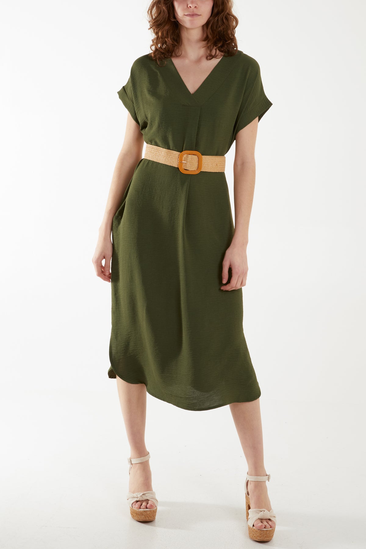 Woven Belted V-Neck Midi Dress