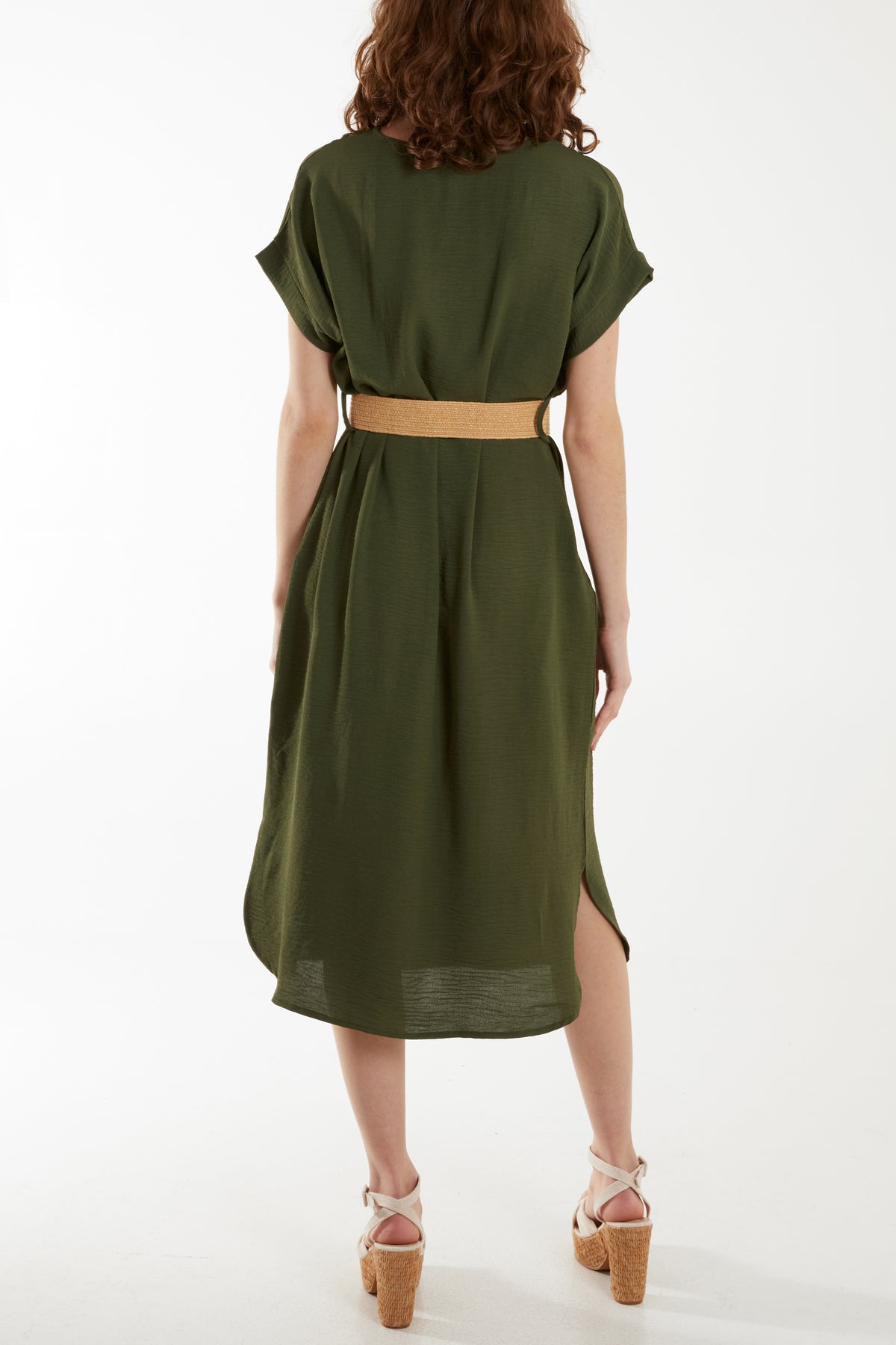 Woven Belted V-Neck Midi Dress