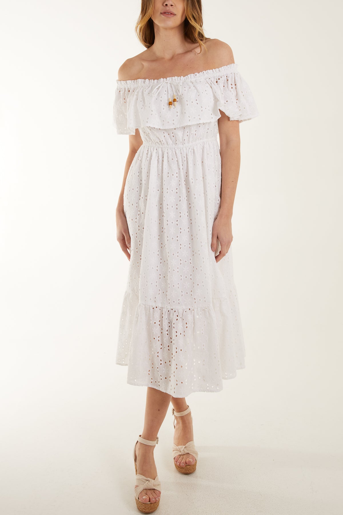 white broderie anglaise midi dress Bardot Beaded Broderie Anglaise Midi Dress