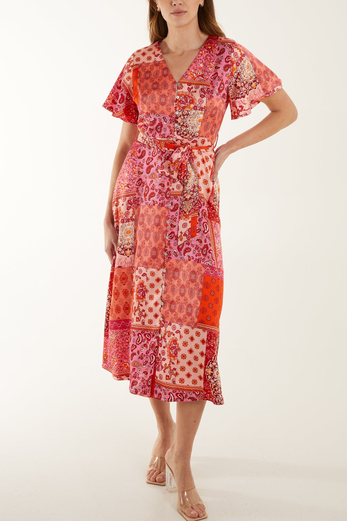 Button Through Patchwork Midi Dress