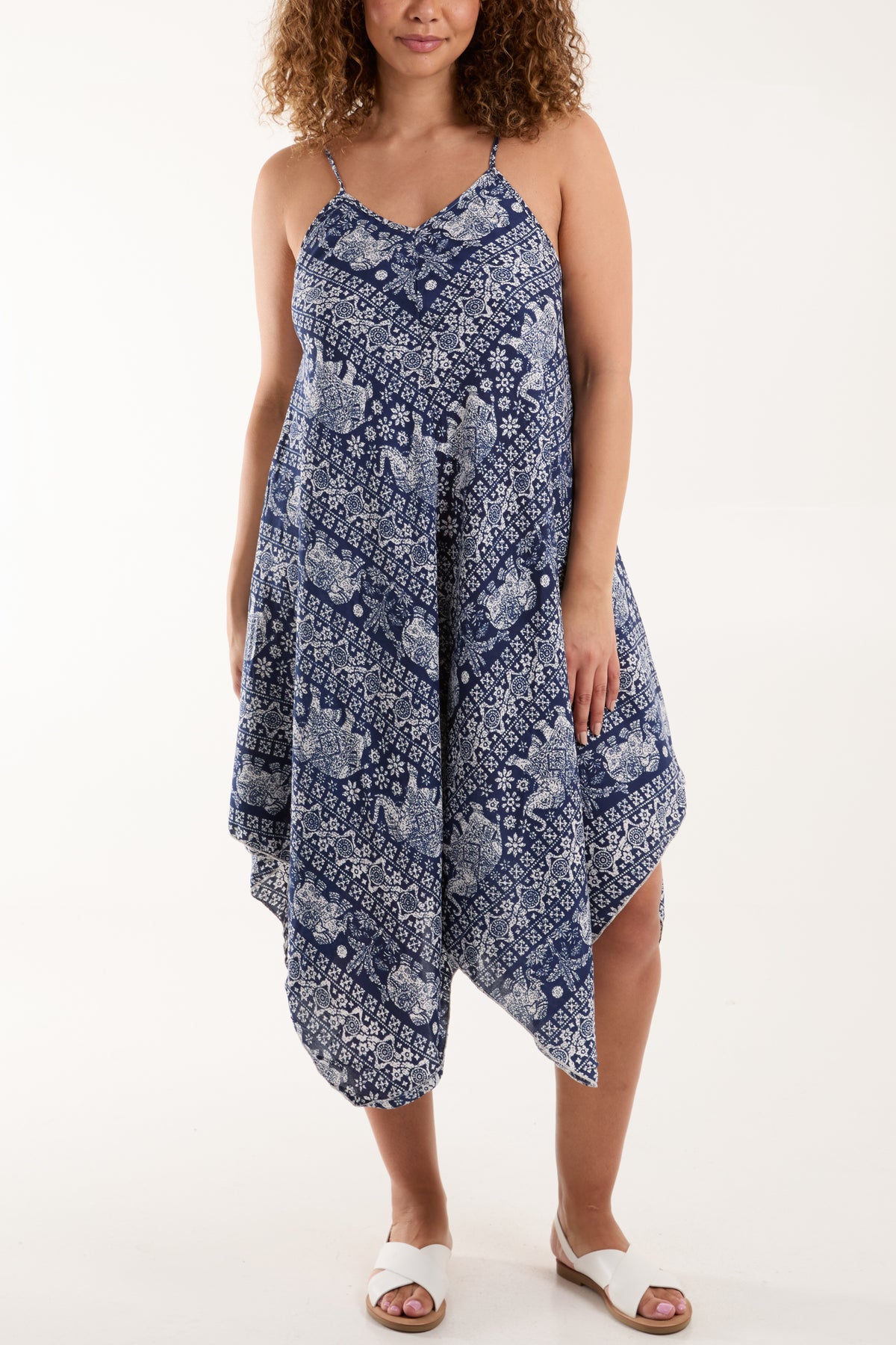 Navy Elephant Print Cami Hanky Hem Dress