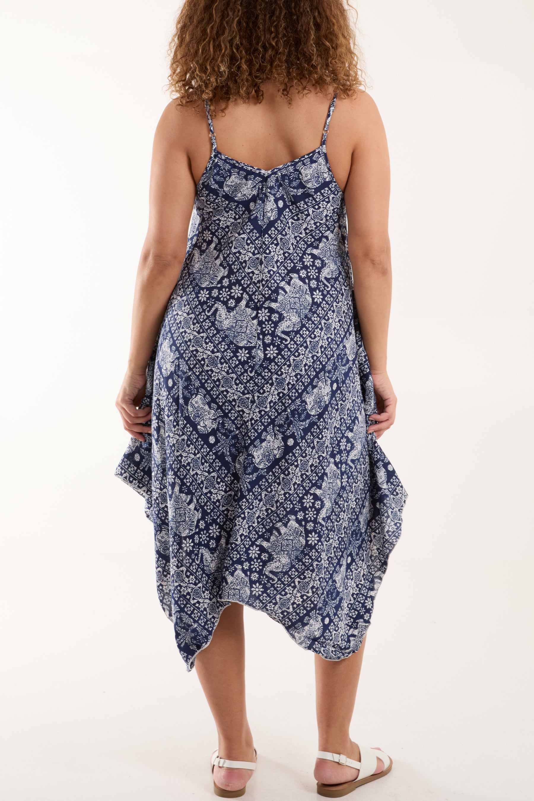 Navy Elephant Print Cami Hanky Hem Dress