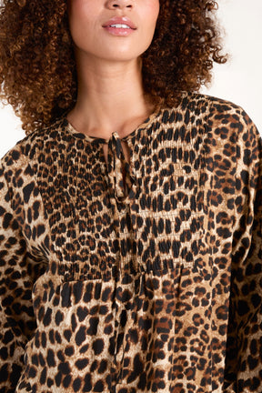 Leopard Shirred Front Tie Neck Blouse