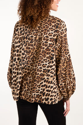 Leopard Shirred Front Tie Neck Blouse