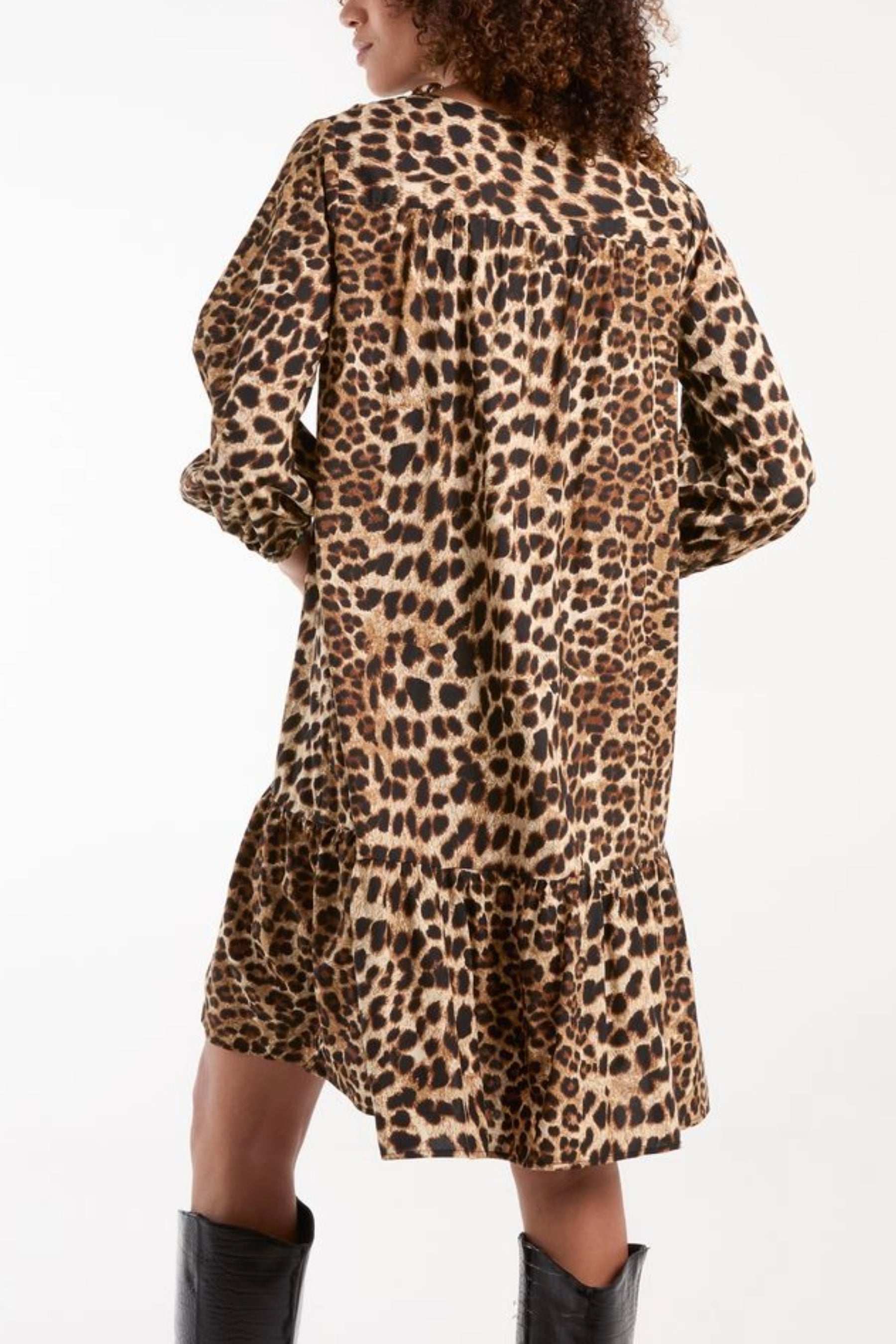 Leopard Print Front Tie Neck Smock Dress