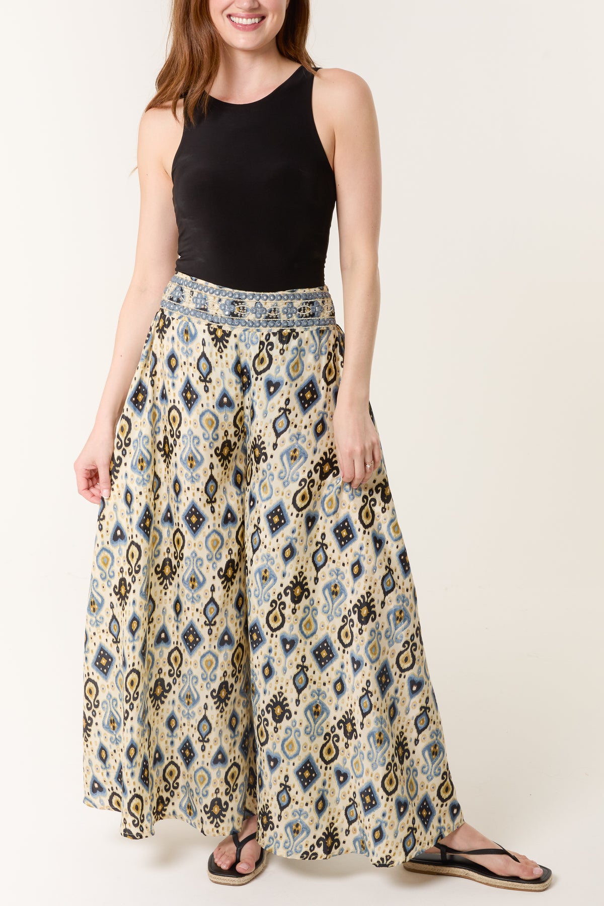 Damask Print Shirred Wide Leg Trouser