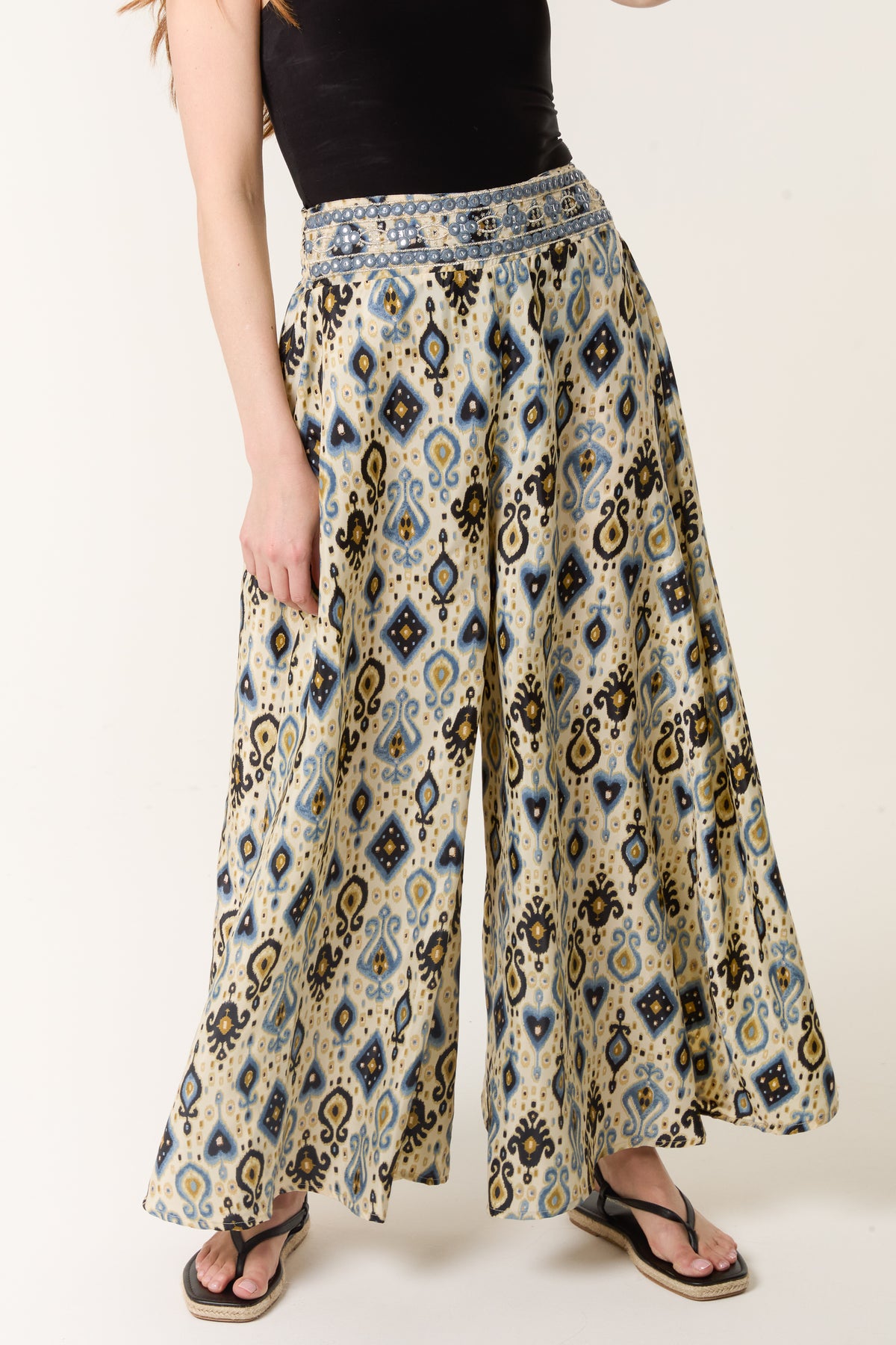 Damask Print Shirred Wide Leg Trouser