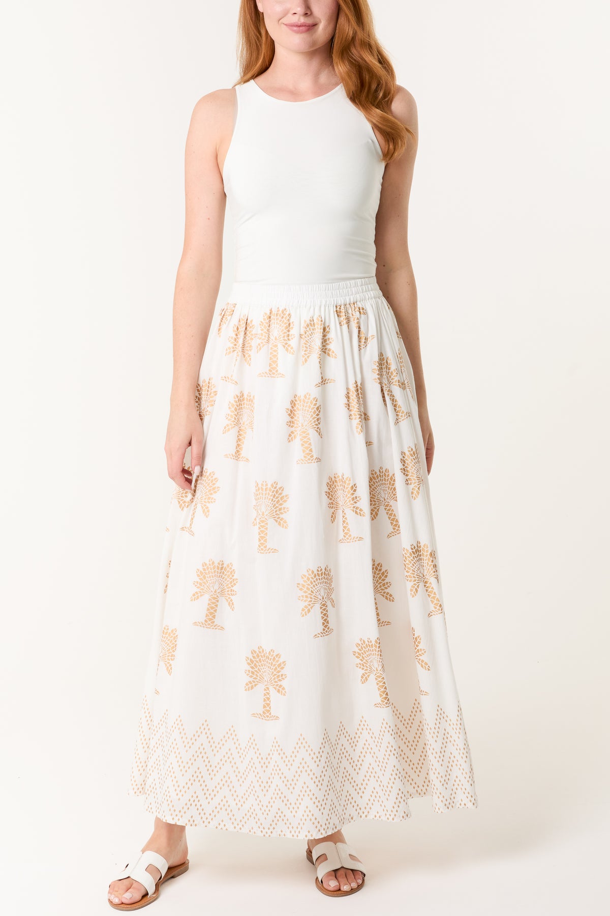Gold Palm Print Cotton Maxi Skirt