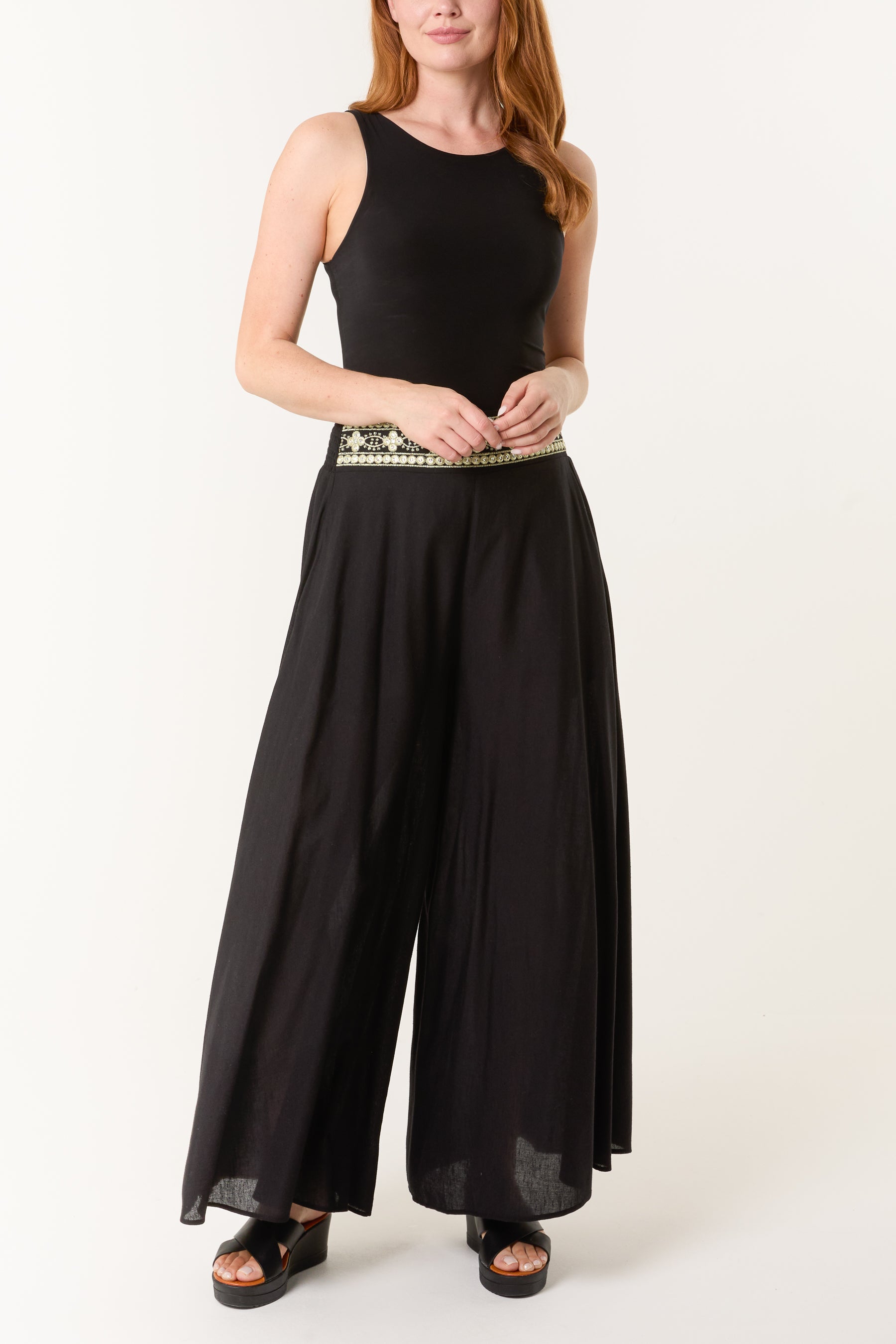 Wide Leg Embellished Edge Trousers