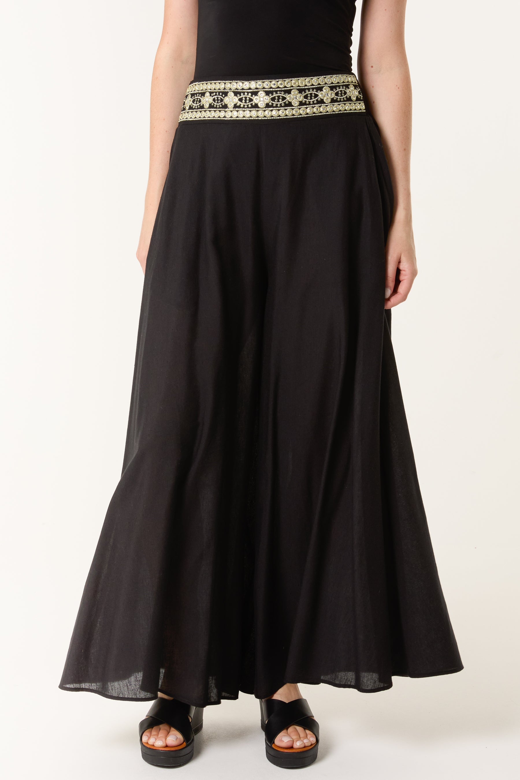 Wide Leg Embellished Edge Trousers