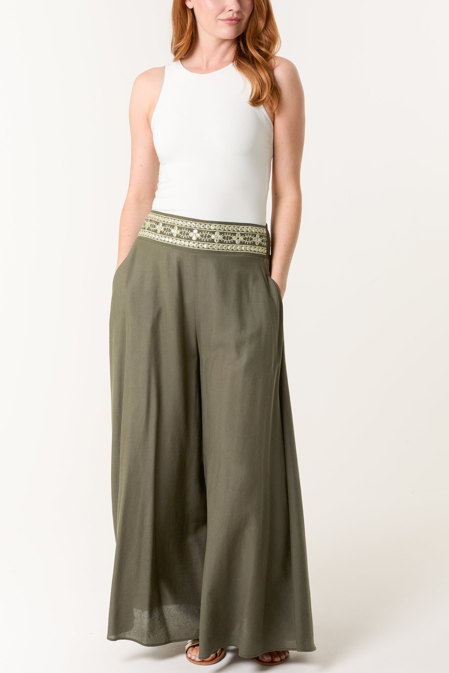 Wide Leg Embellished Edge Trousers