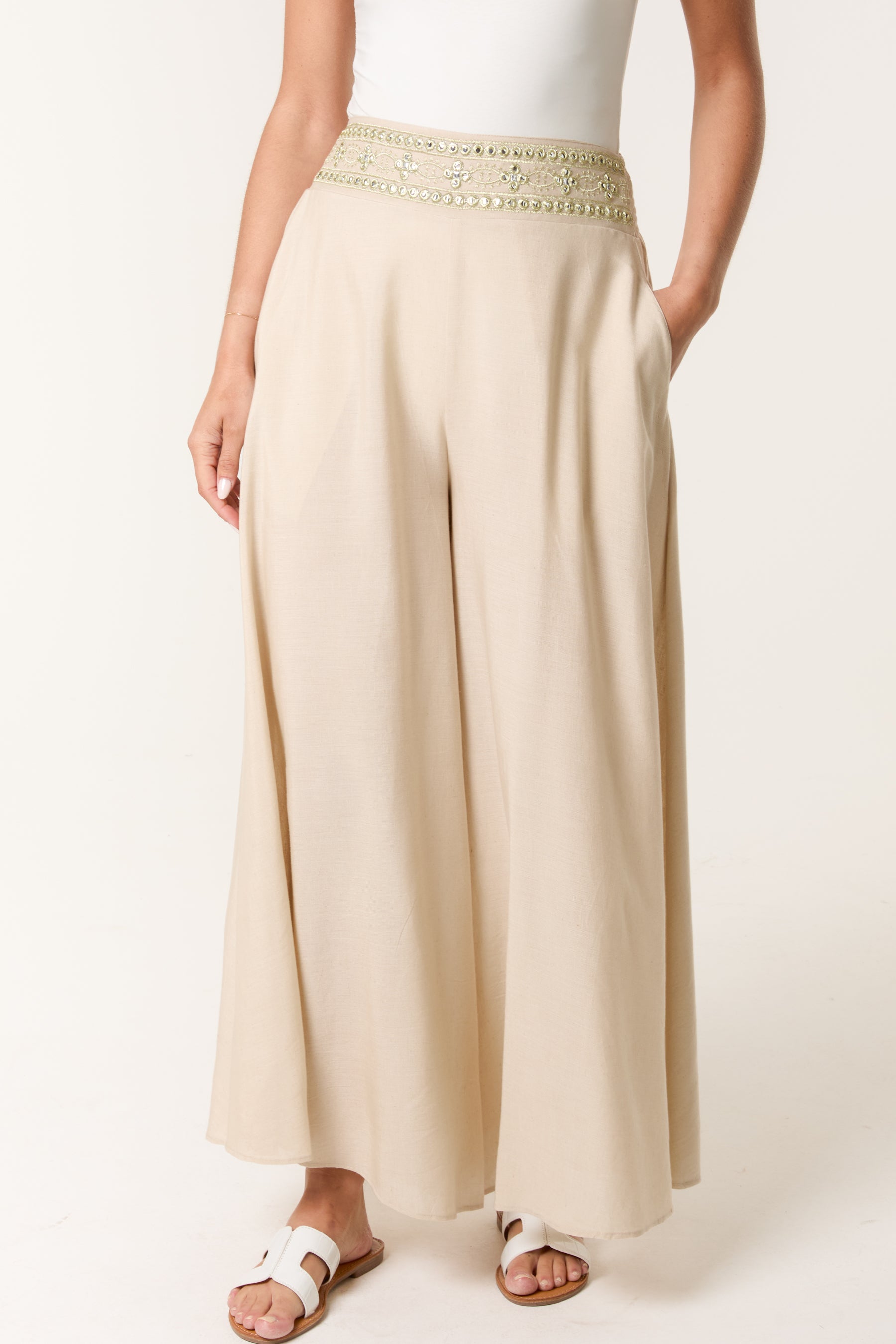 Wide Leg Embellished Edge Trousers