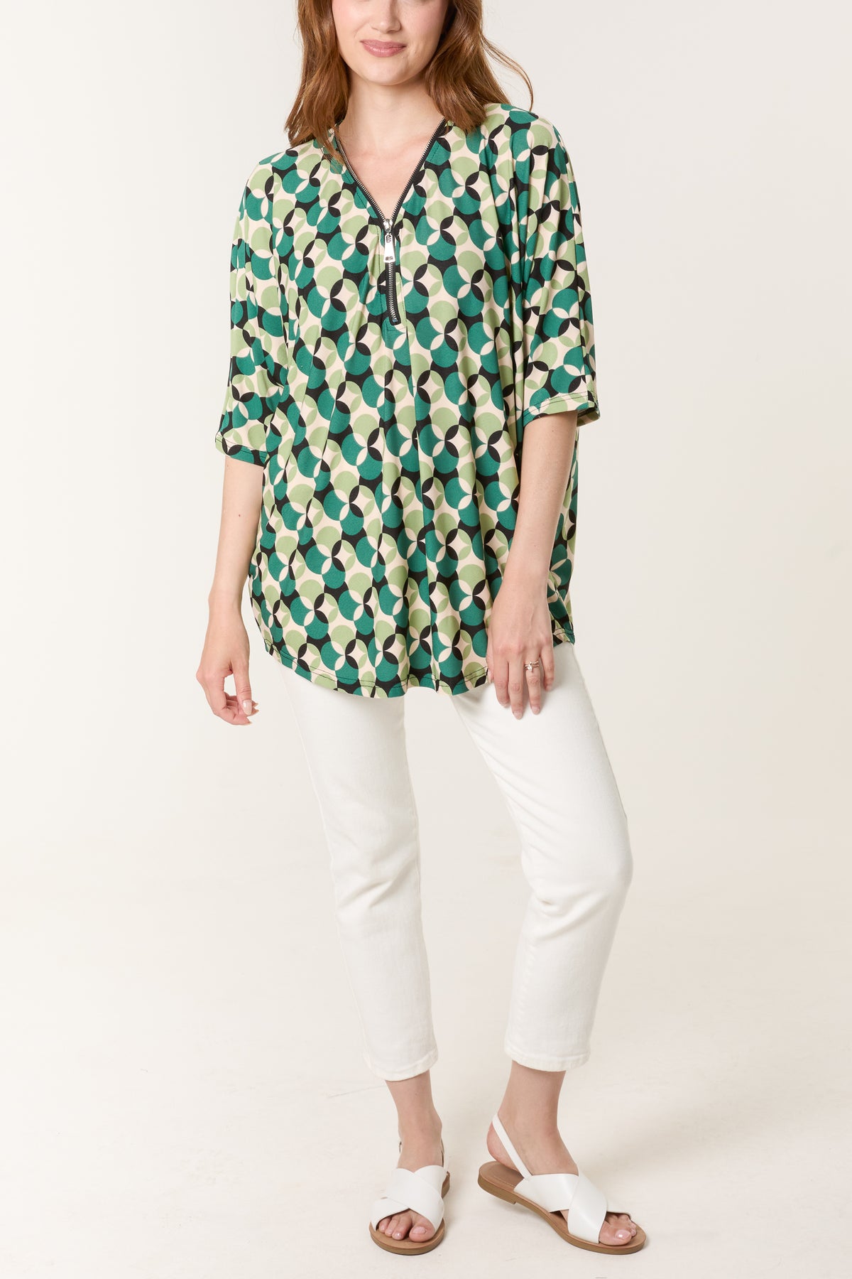 Circular Print Zip Front Top