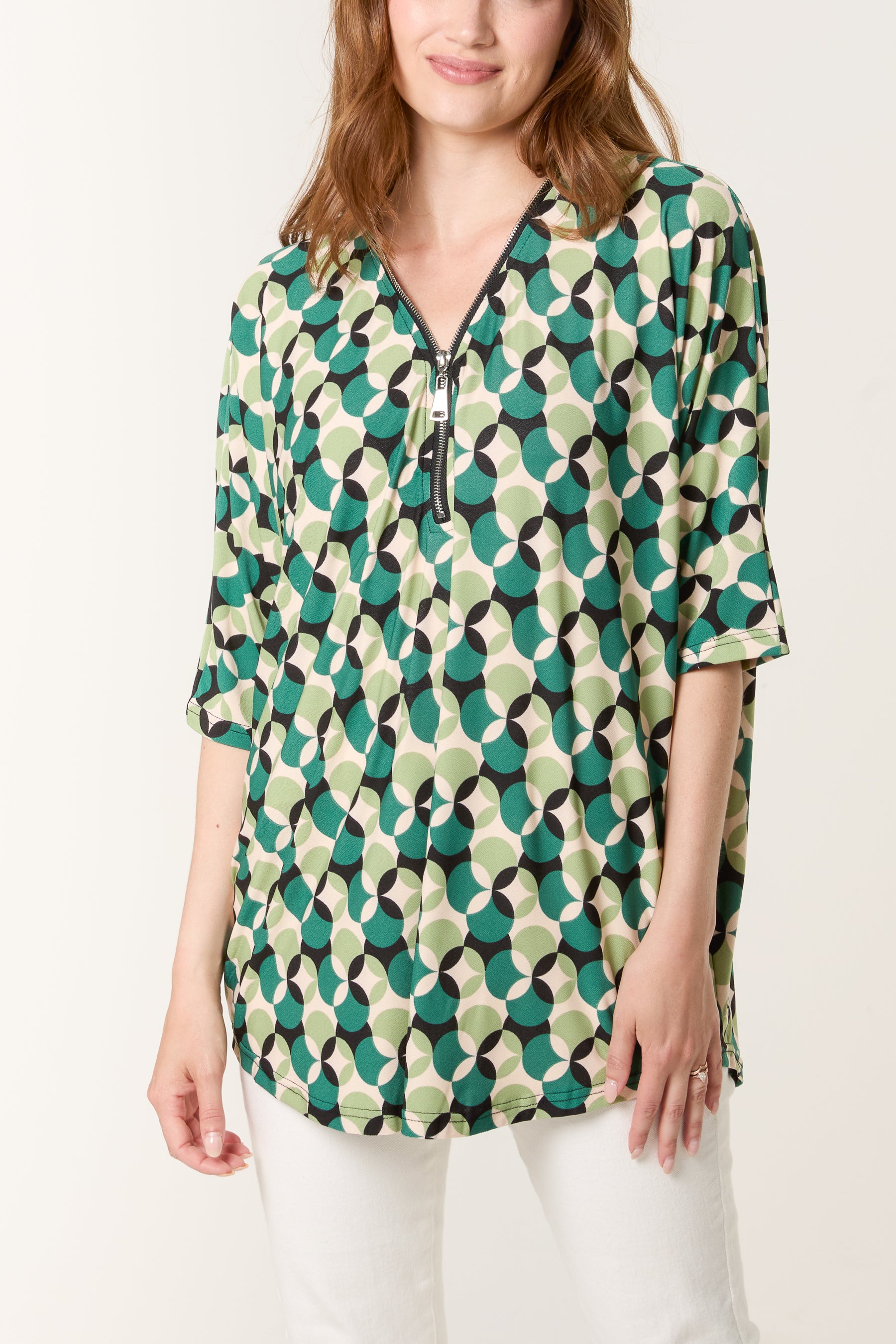 Circular Print Zip Front Top