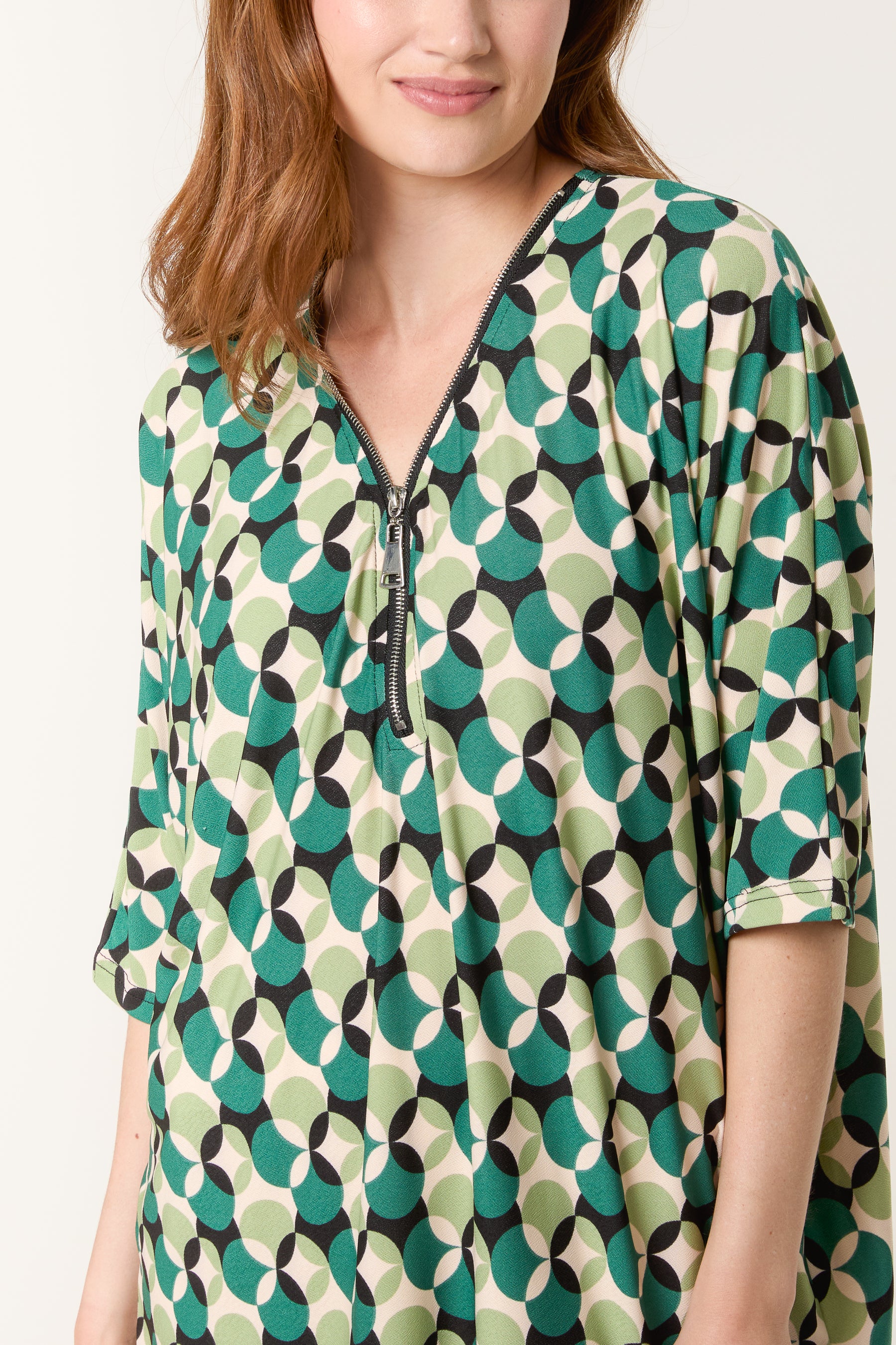 Circular Print Zip Front Top