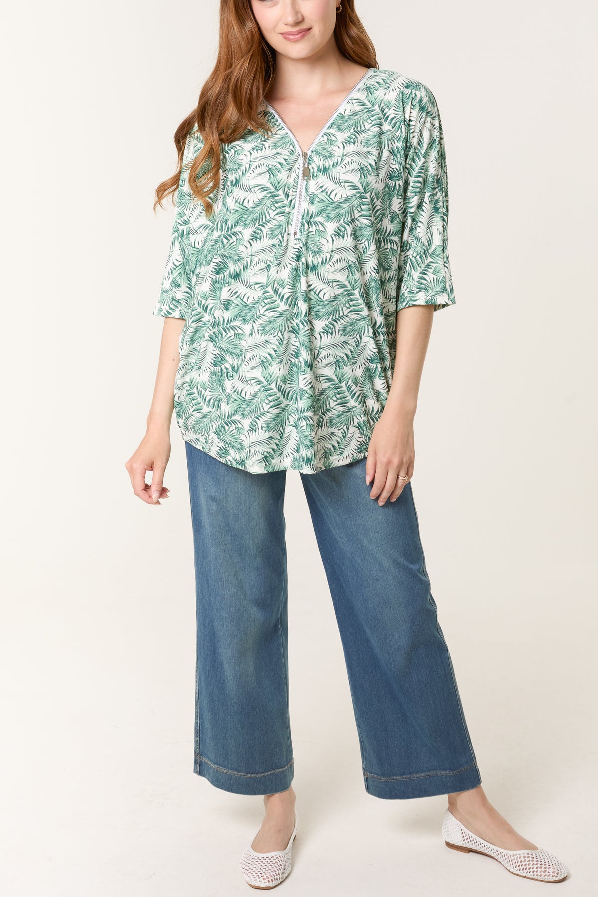 Palm Leaf Print Zip Front Top