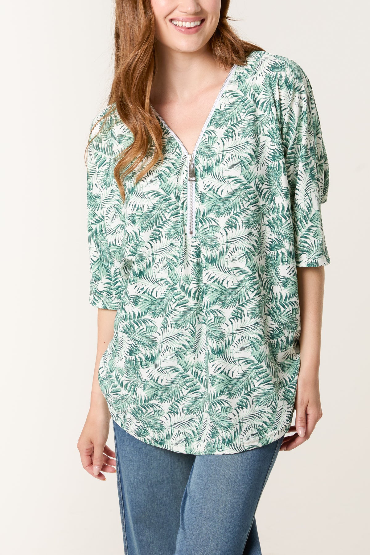 Palm Leaf Print Zip Front Top